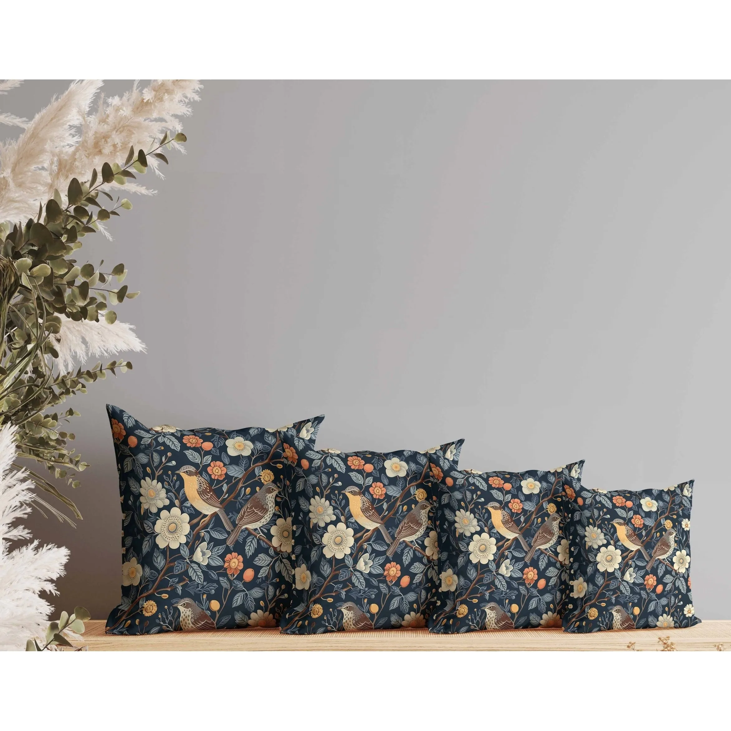 Hidden Birds Faux Suede Reversible Throw Pillow Blue and Orange