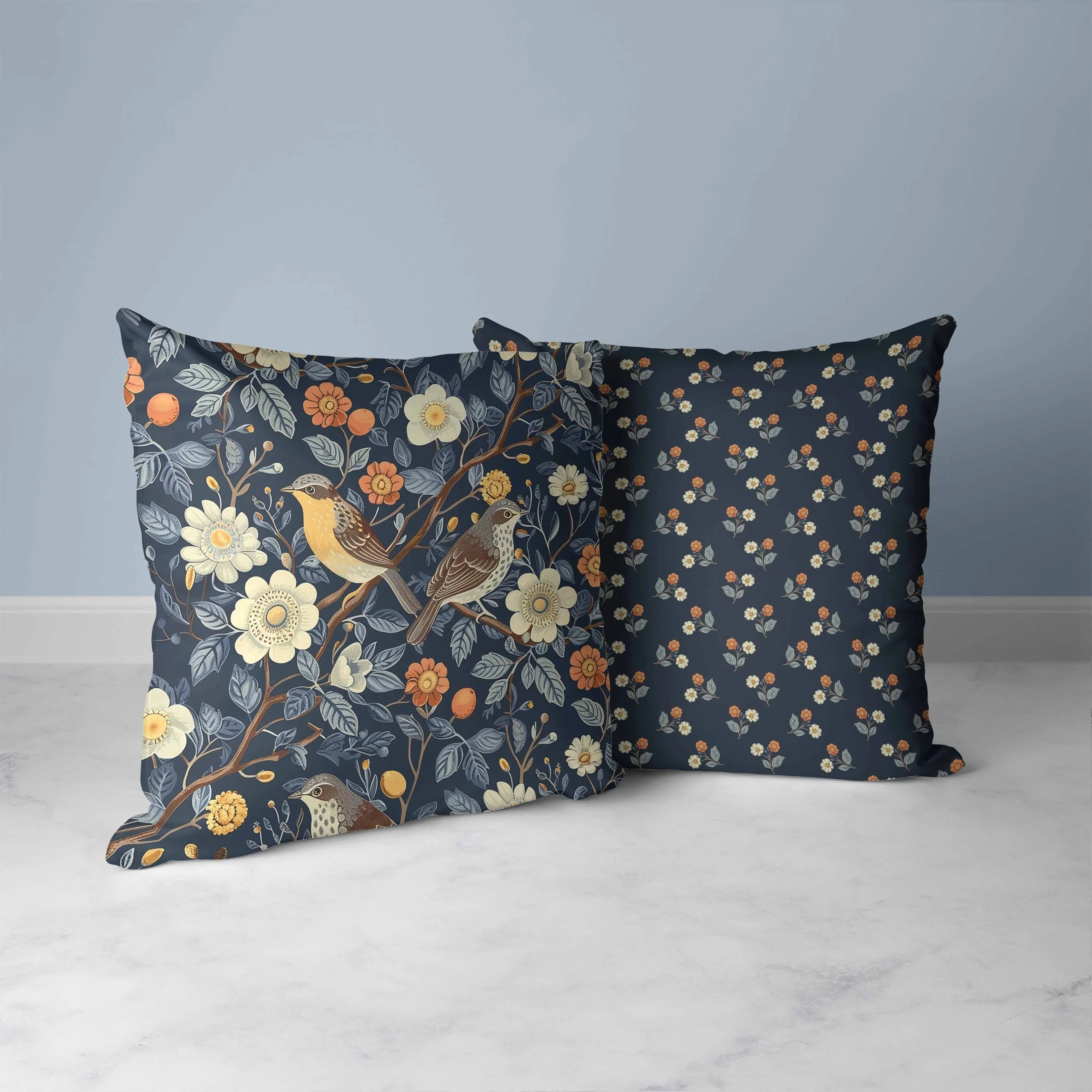 Hidden Birds Faux Suede Reversible Throw Pillow Blue and Orange