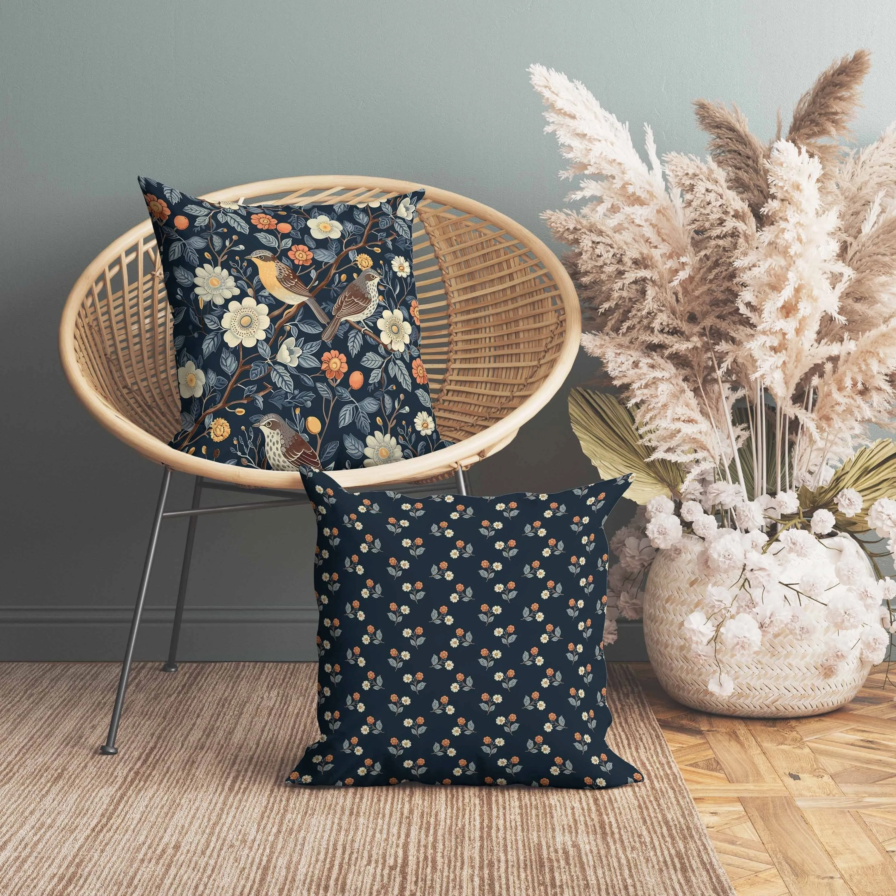 Hidden Birds Faux Suede Reversible Throw Pillow Blue and Orange