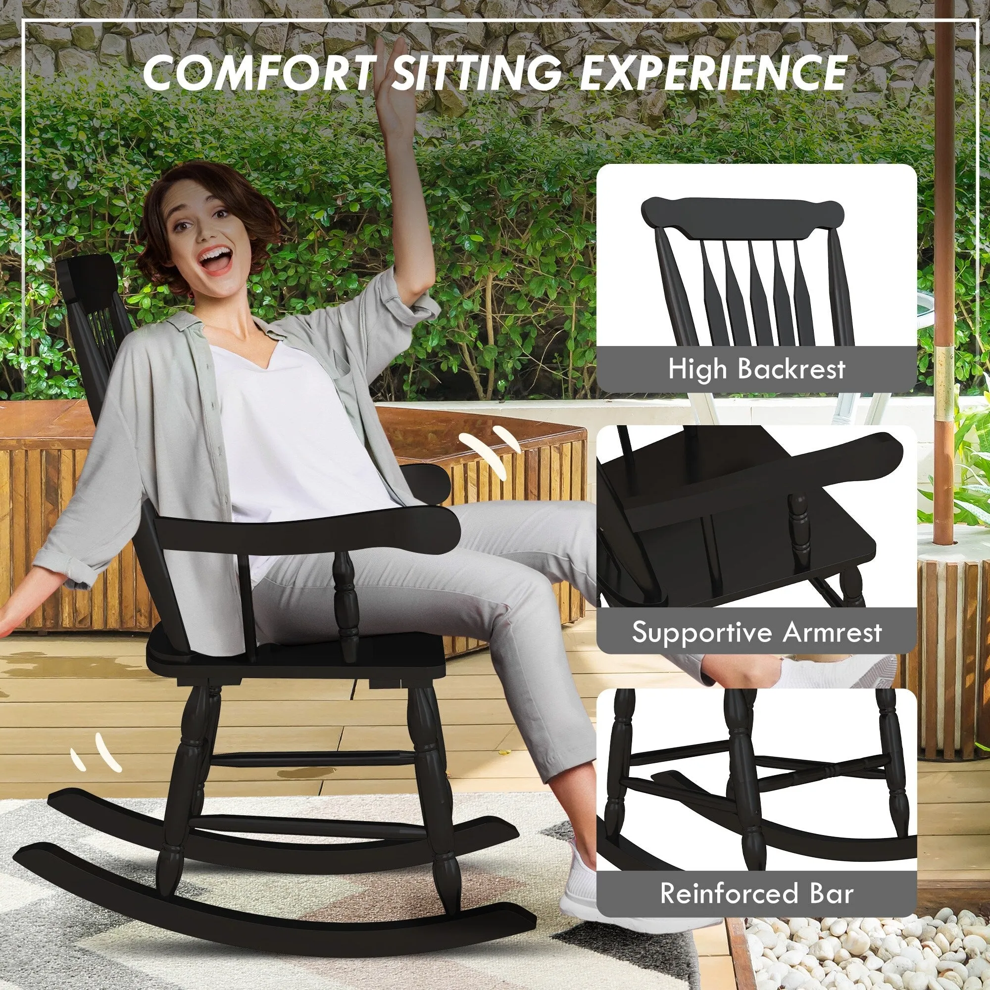 High Back Wood Rocking Chair. All Weather Patio Rocking Chair. 350lbs Weight Capacity for Deck. Porch. Backyard. Garden