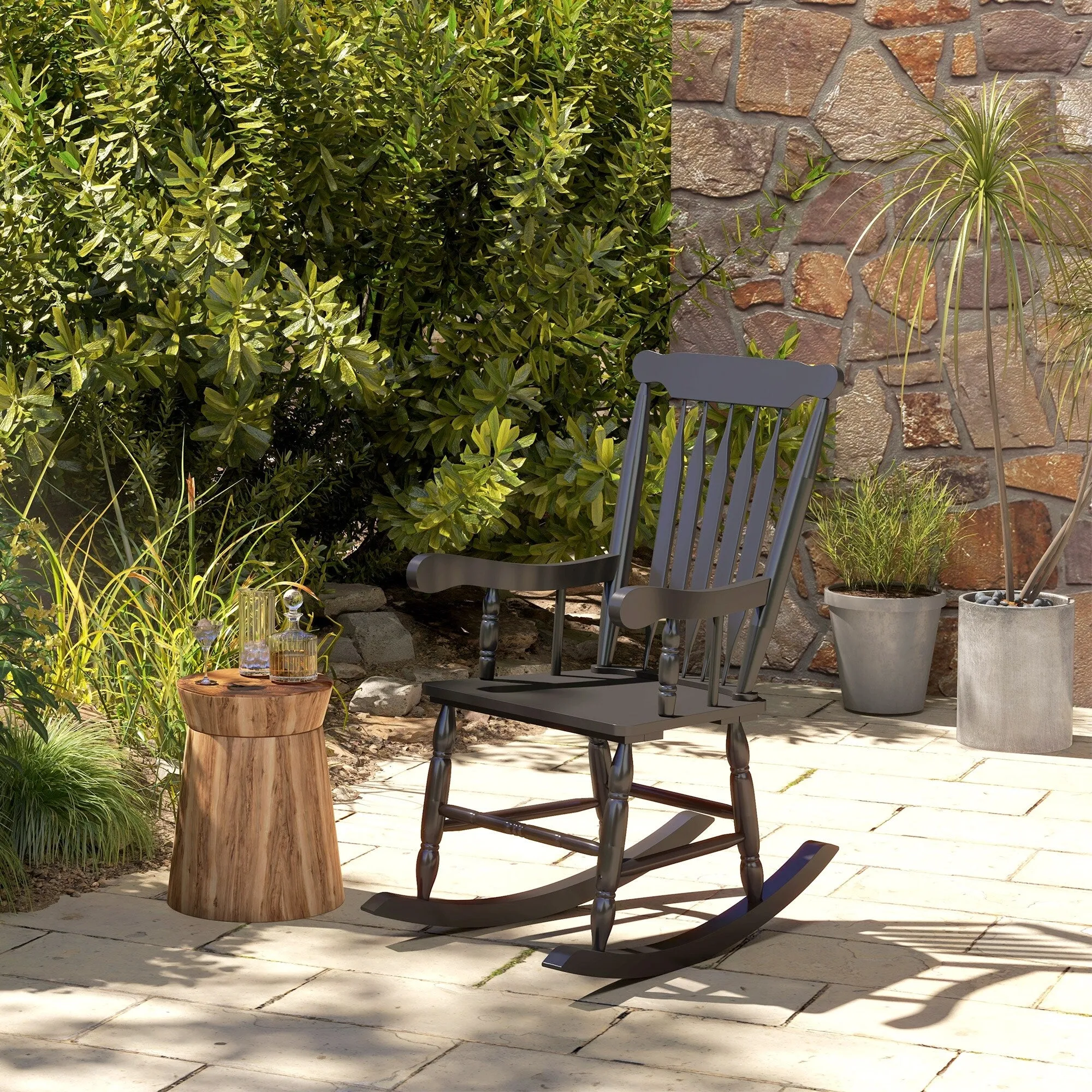 High Back Wood Rocking Chair. All Weather Patio Rocking Chair. 350lbs Weight Capacity for Deck. Porch. Backyard. Garden