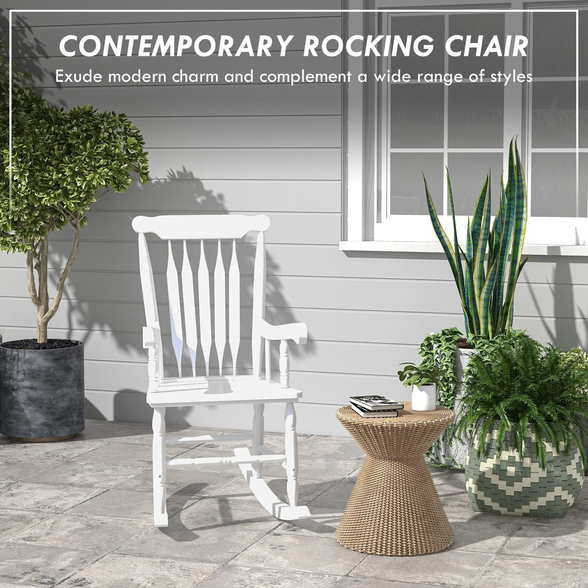 High Back Wood Rocking Chair. All Weather Patio Rocking Chair. 350lbs Weight Capacity for Deck. Porch. Backyard. Garden