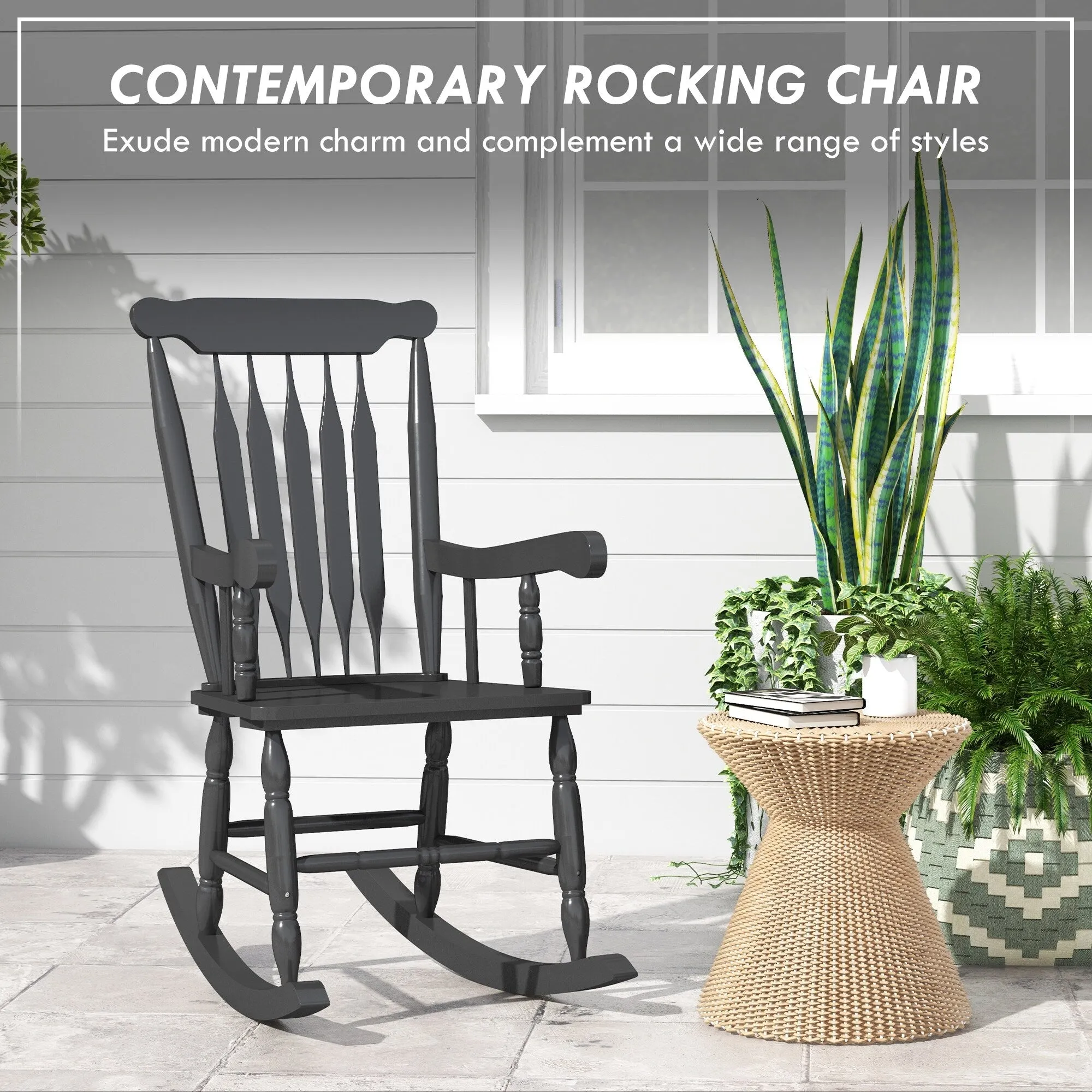 High Back Wood Rocking Chair. All Weather Patio Rocking Chair. 350lbs Weight Capacity for Deck. Porch. Backyard. Garden