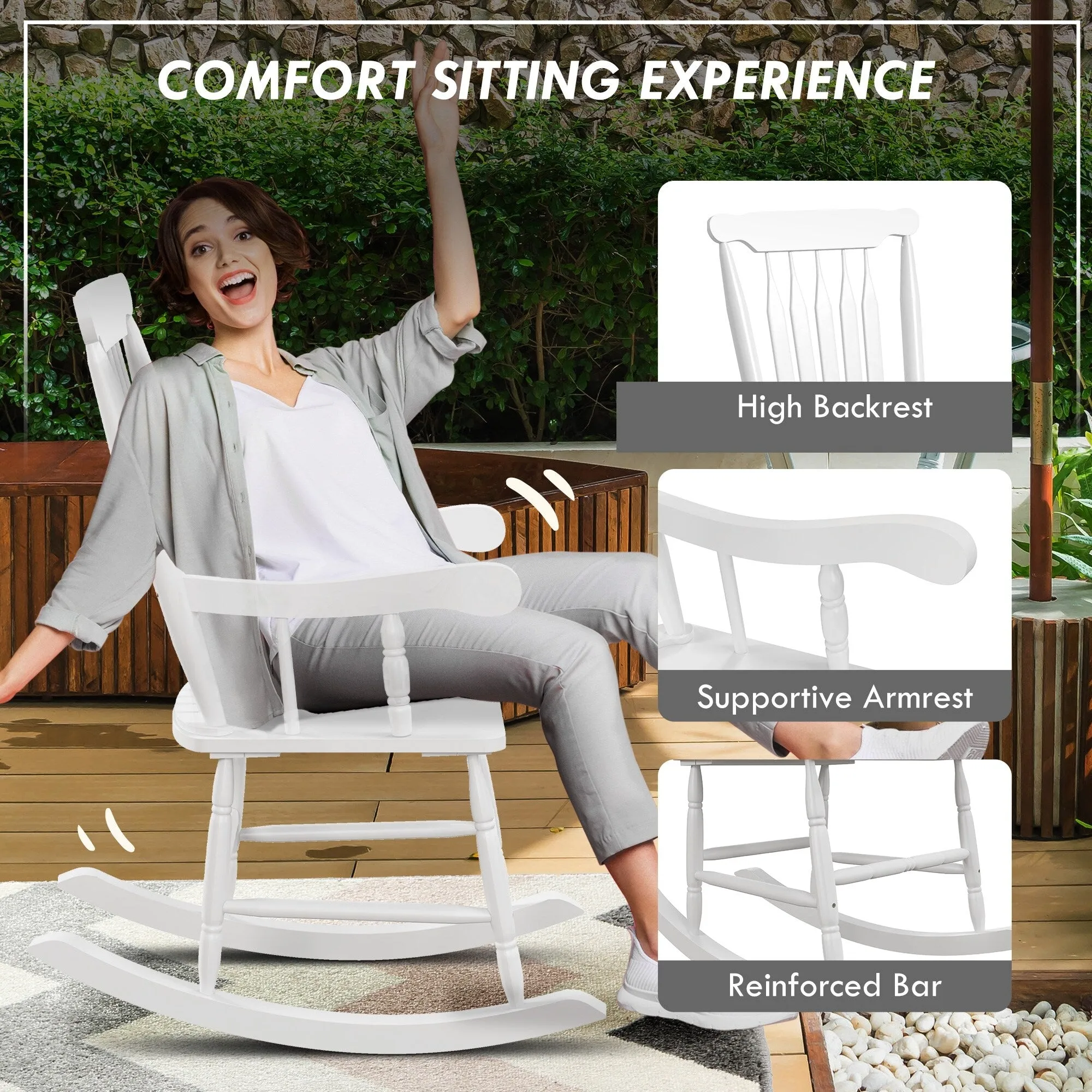High Back Wood Rocking Chair. All Weather Patio Rocking Chair. 350lbs Weight Capacity for Deck. Porch. Backyard. Garden