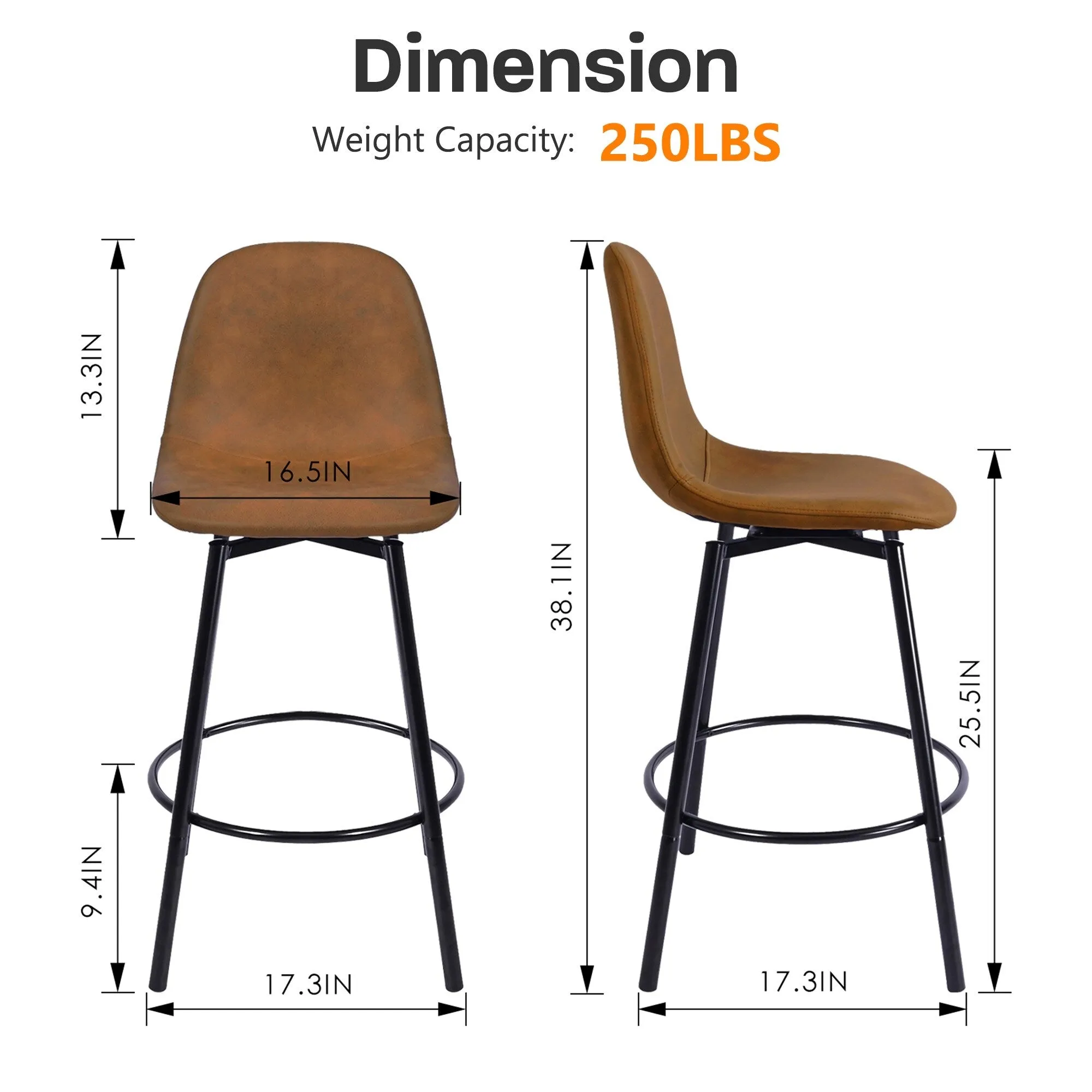 Homy Casa Faux Leather Tech Fabric Bar Stool with Backrest and Black Metal Frame - Counter Height & Bar Height. Rustic Brown
