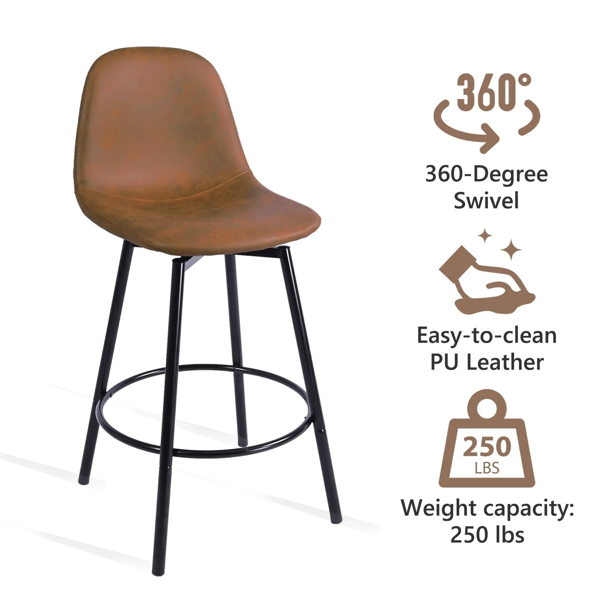 Homy Casa Faux Leather Tech Fabric Bar Stool with Backrest and Black Metal Frame - Counter Height & Bar Height. Rustic Brown