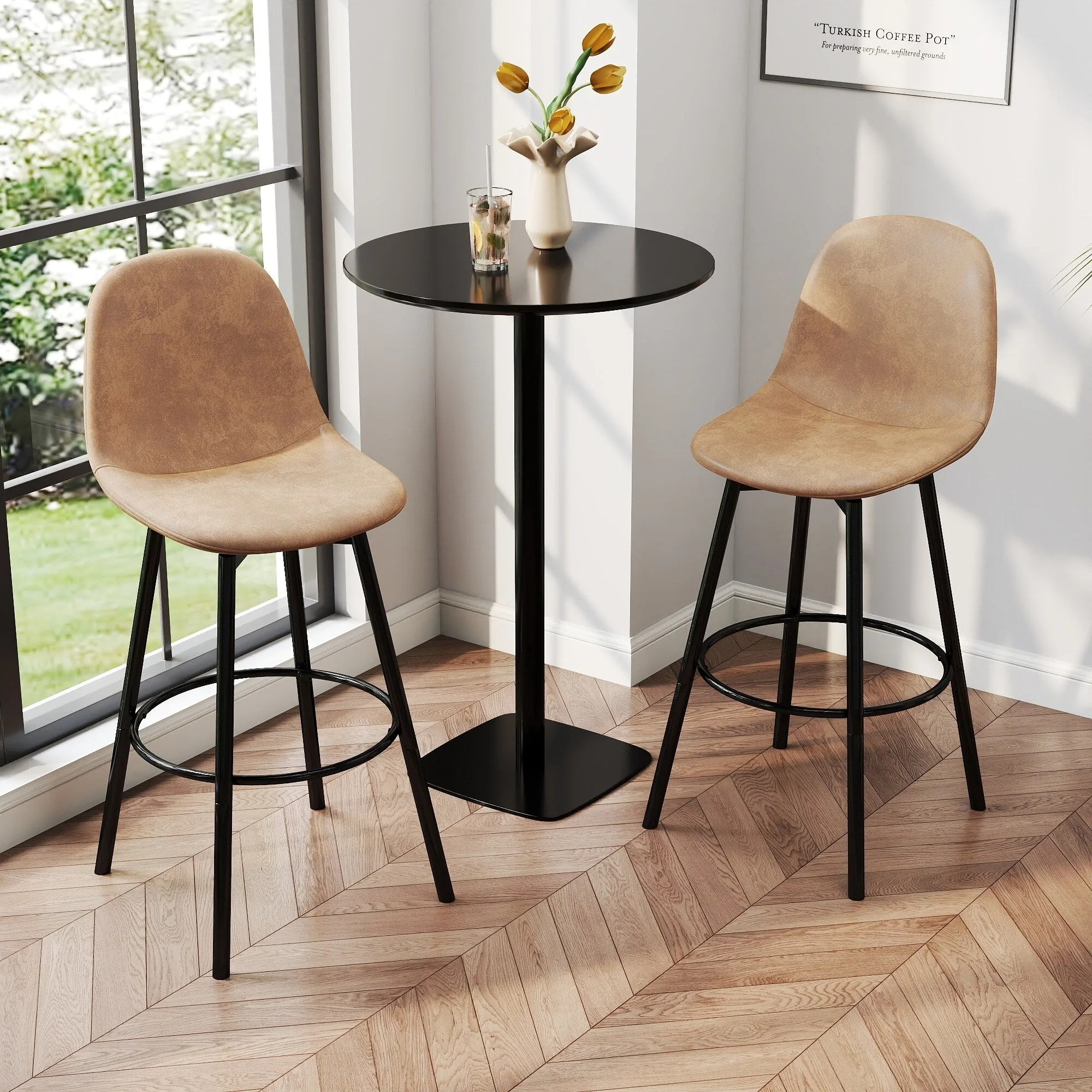 Homy Casa Faux Leather Tech Fabric Bar Stool with Backrest and Black Metal Frame - Counter Height & Bar Height. Rustic Brown