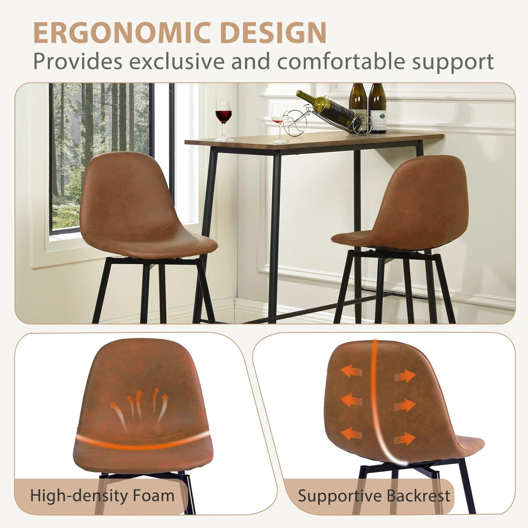 Homy Casa Faux Leather Tech Fabric Bar Stool with Backrest and Black Metal Frame - Counter Height & Bar Height. Rustic Brown