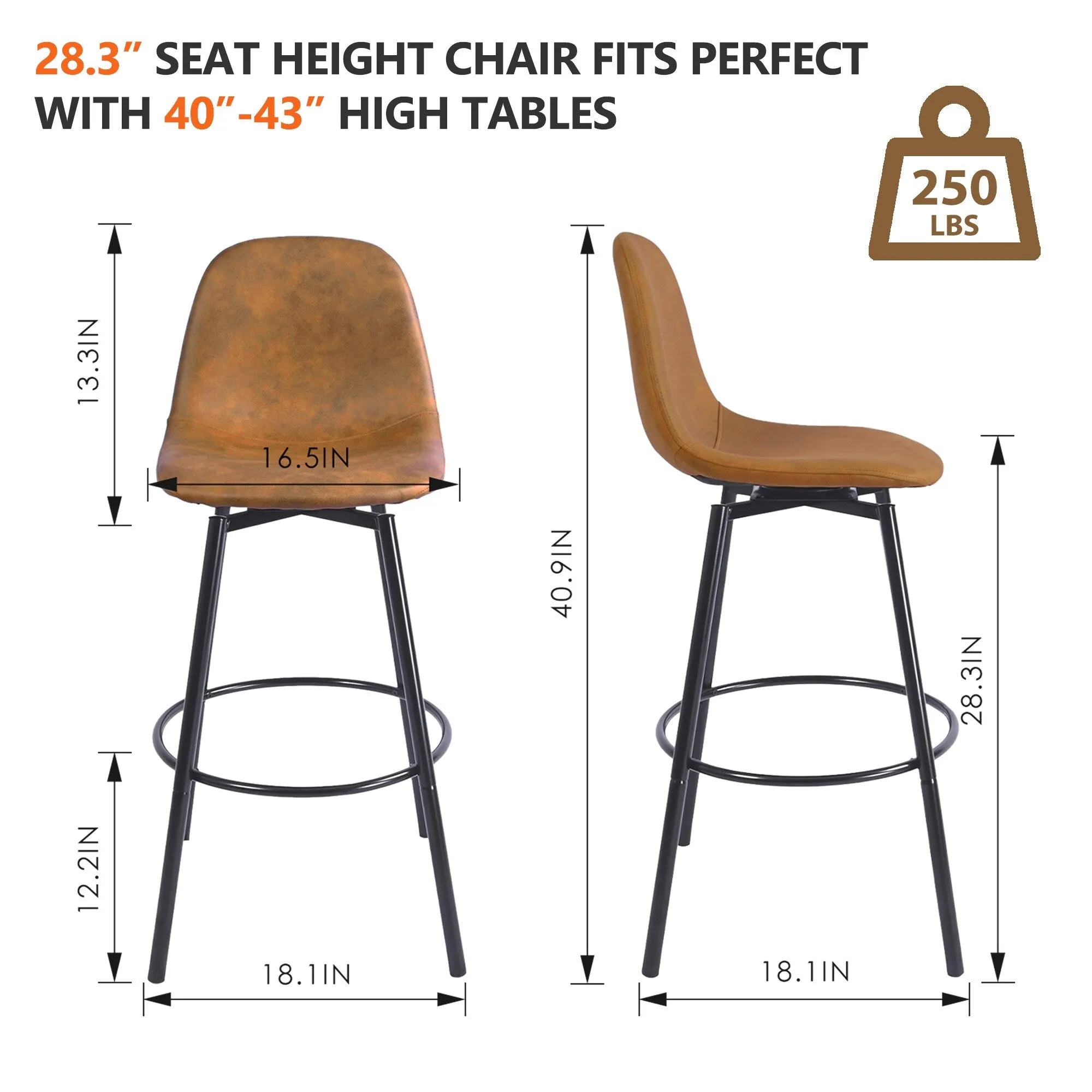 Homy Casa Faux Leather Tech Fabric Bar Stool with Backrest and Black Metal Frame - Counter Height & Bar Height. Rustic Brown