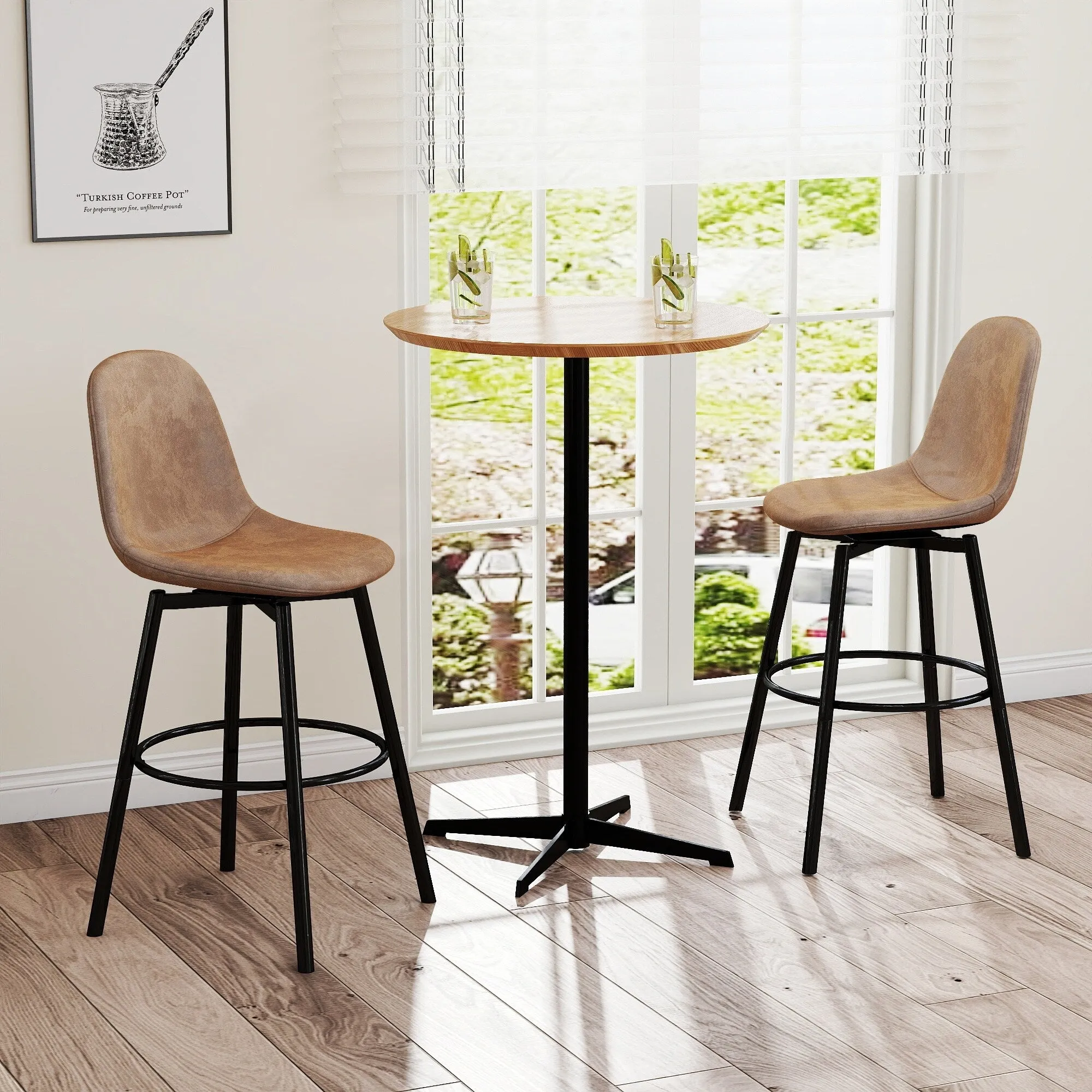 Homy Casa Faux Leather Tech Fabric Bar Stool with Backrest and Black Metal Frame - Counter Height & Bar Height. Rustic Brown