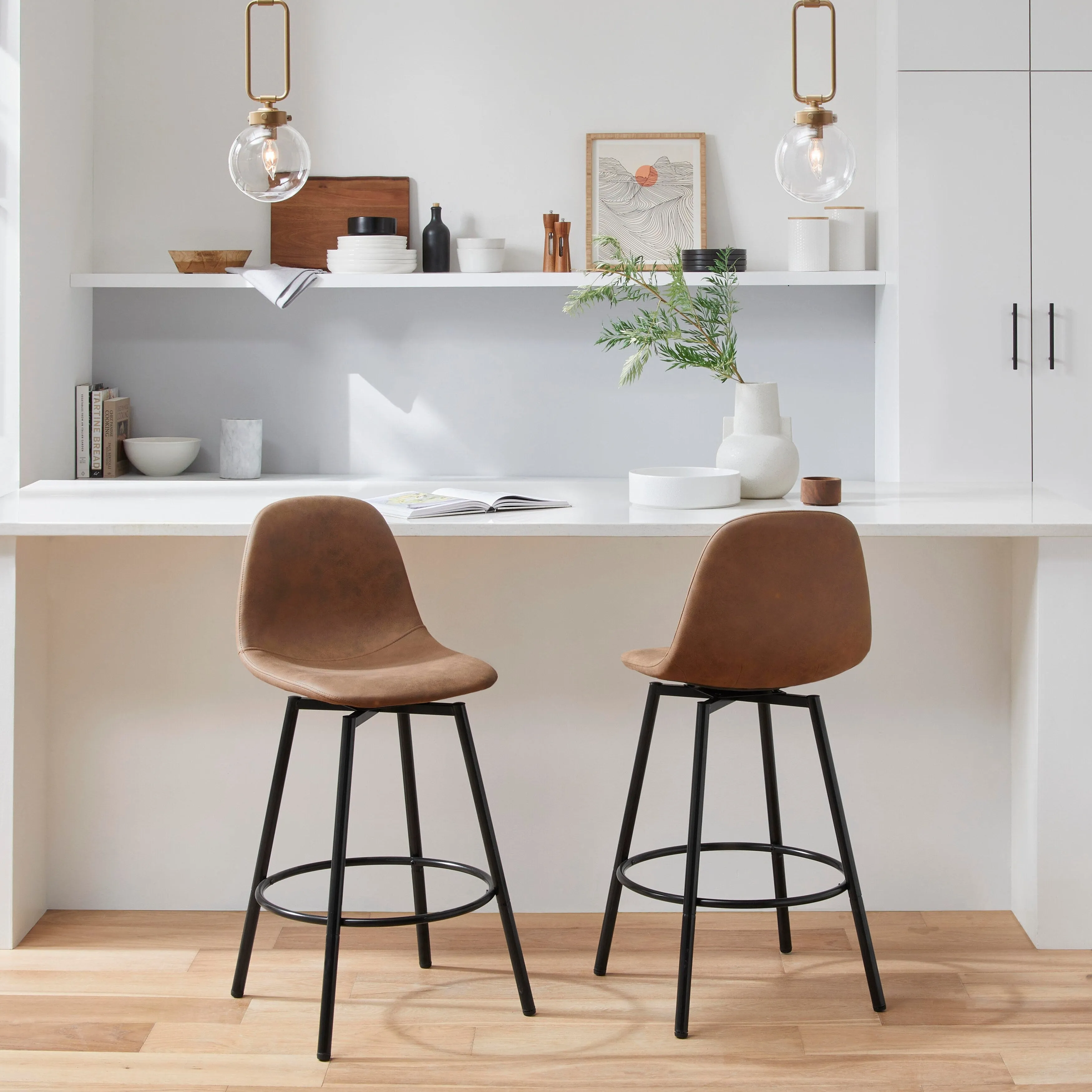 Homy Casa Faux Leather Tech Fabric Bar Stool with Backrest and Black Metal Frame - Counter Height & Bar Height. Rustic Brown