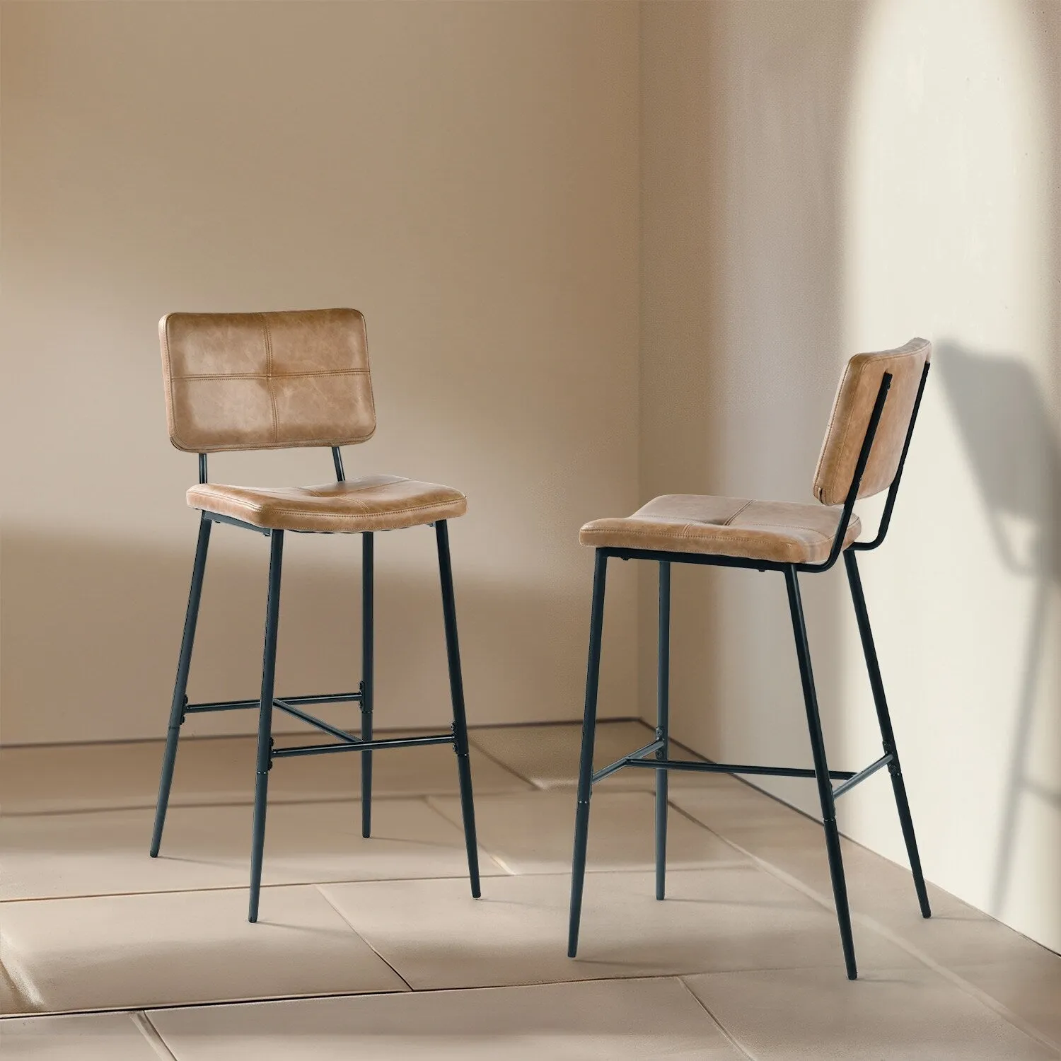 Homy Casa Set of 2 Faux Leather Counter Stools/Bar stools with Black Metal Legs and Low Backrest - N/A