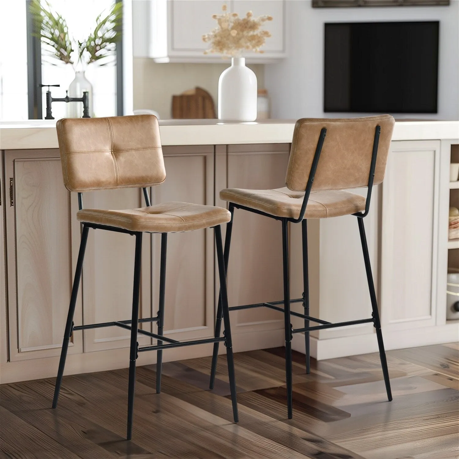 Homy Casa Set of 2 Faux Leather Counter Stools/Bar stools with Black Metal Legs and Low Backrest - N/A