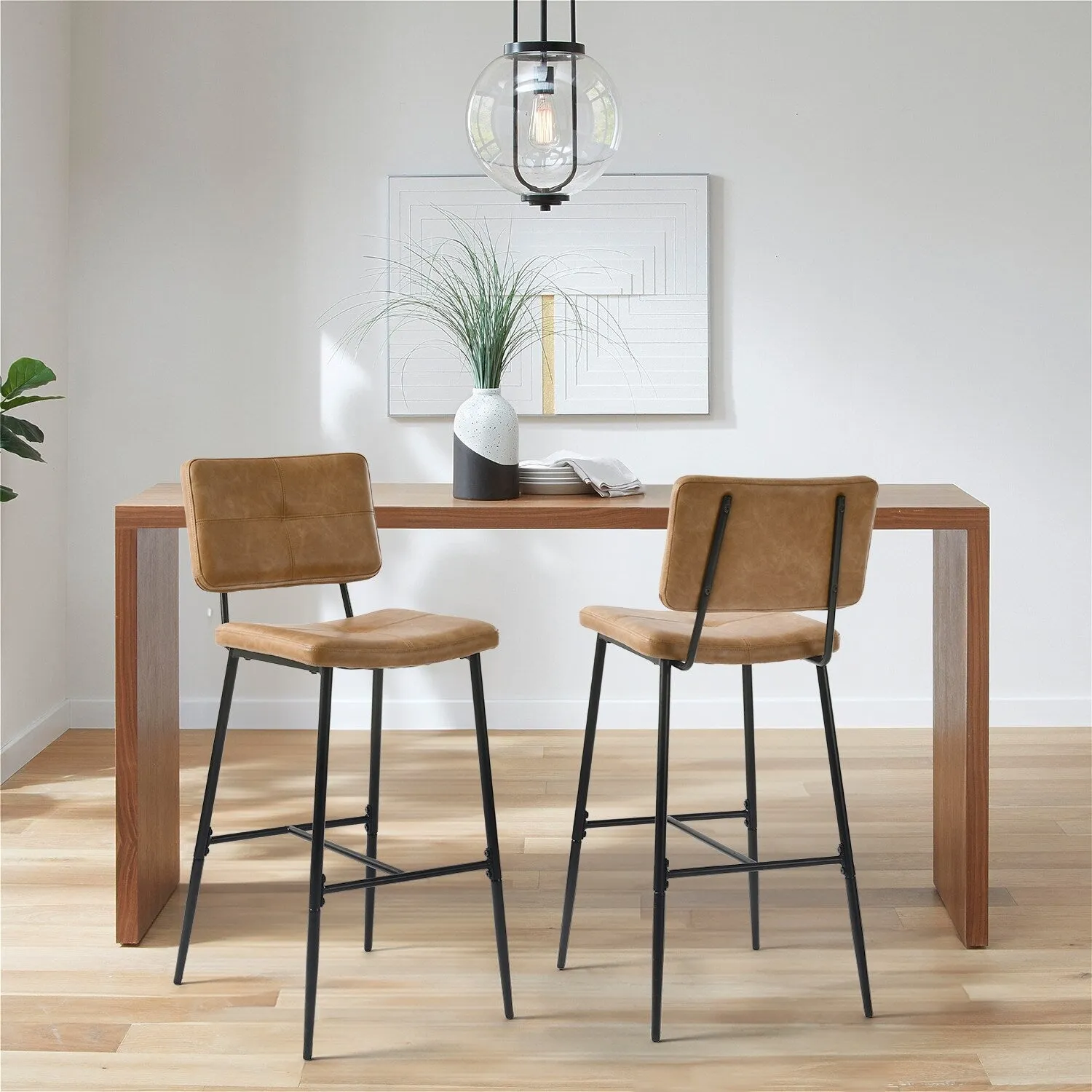 Homy Casa Set of 2 Faux Leather Counter Stools/Bar stools with Black Metal Legs and Low Backrest - N/A