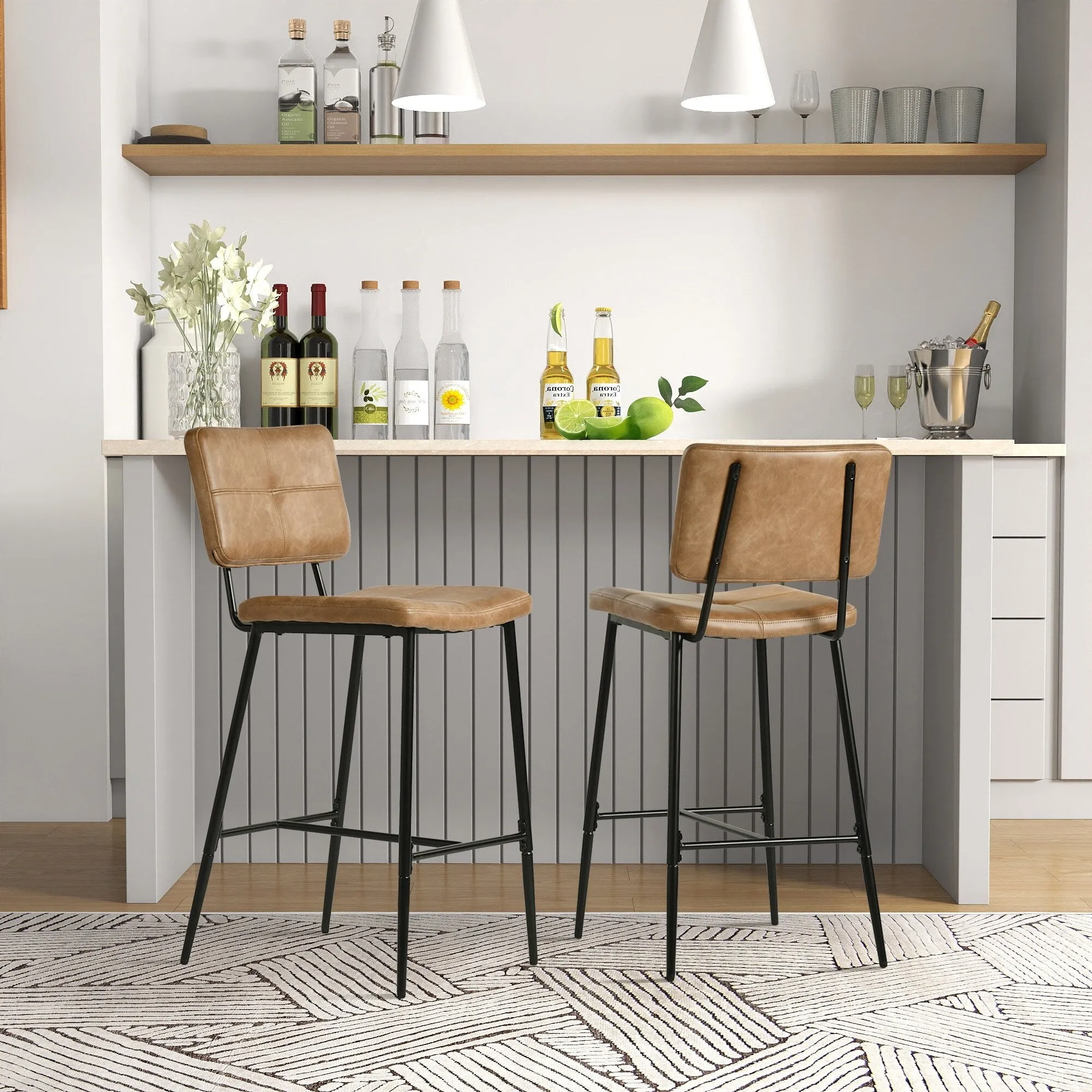Homy Casa Set of 2 Faux Leather Counter Stools/Bar stools with Black Metal Legs and Low Backrest - N/A