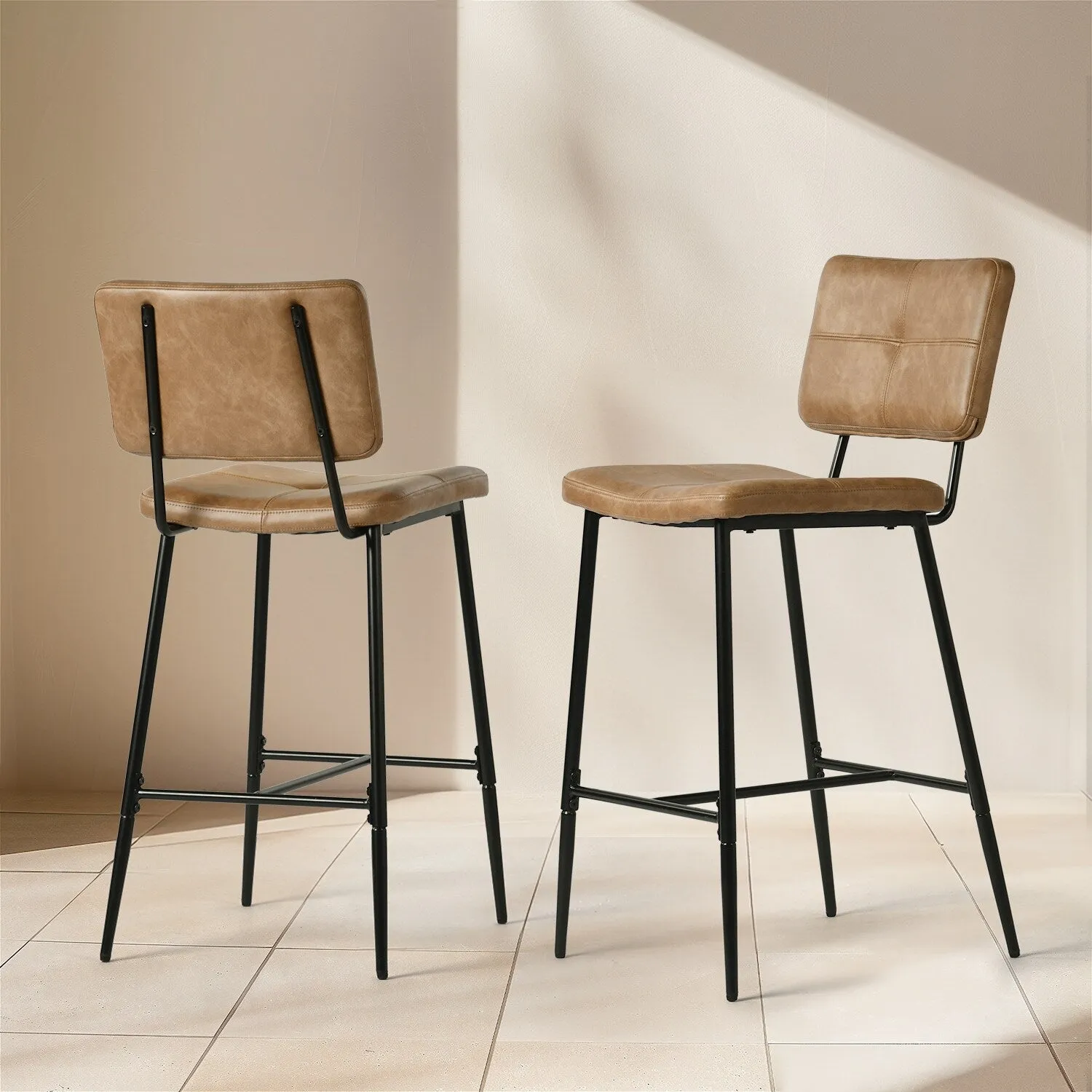 Homy Casa Set of 2 Faux Leather Counter Stools/Bar stools with Black Metal Legs and Low Backrest - N/A