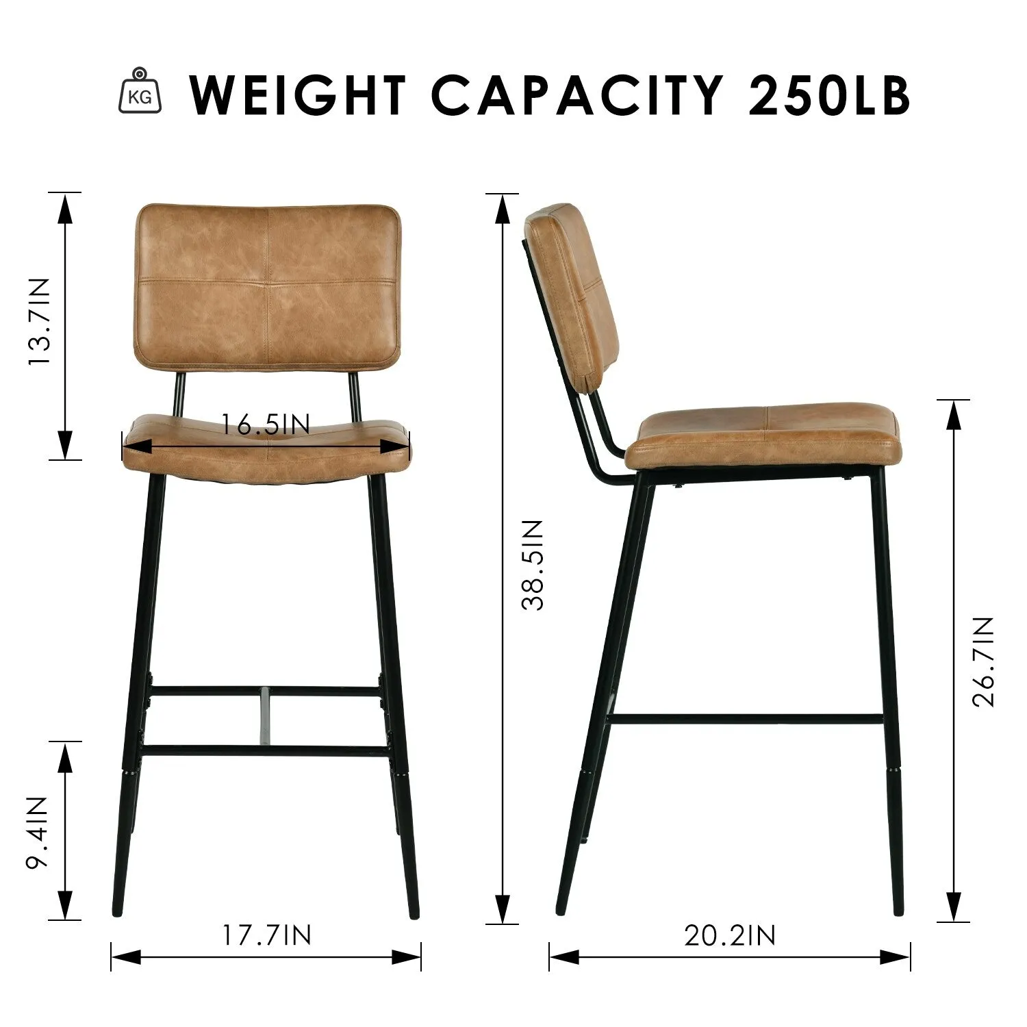 Homy Casa Set of 2 Faux Leather Counter Stools/Bar stools with Black Metal Legs and Low Backrest - N/A