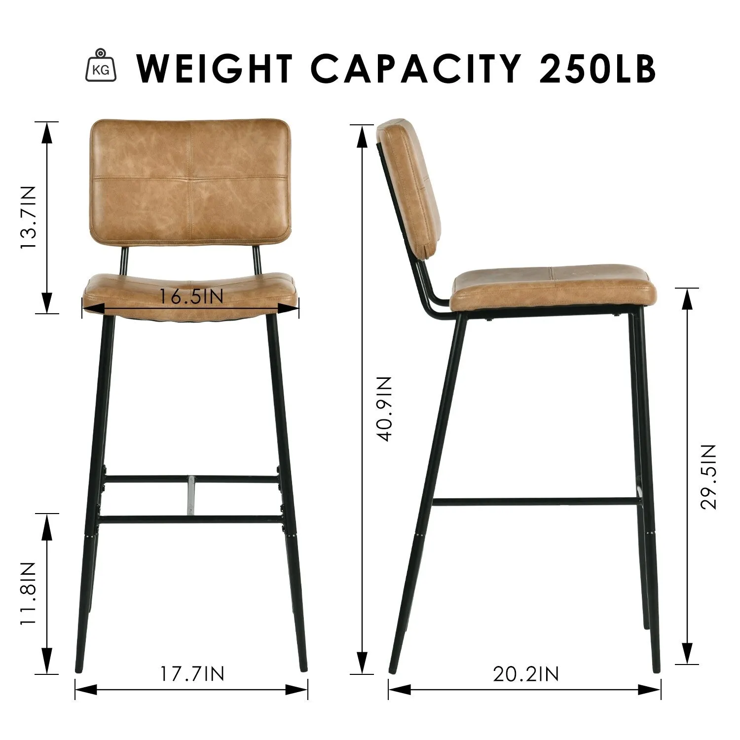 Homy Casa Set of 2 Faux Leather Counter Stools/Bar stools with Black Metal Legs and Low Backrest - N/A
