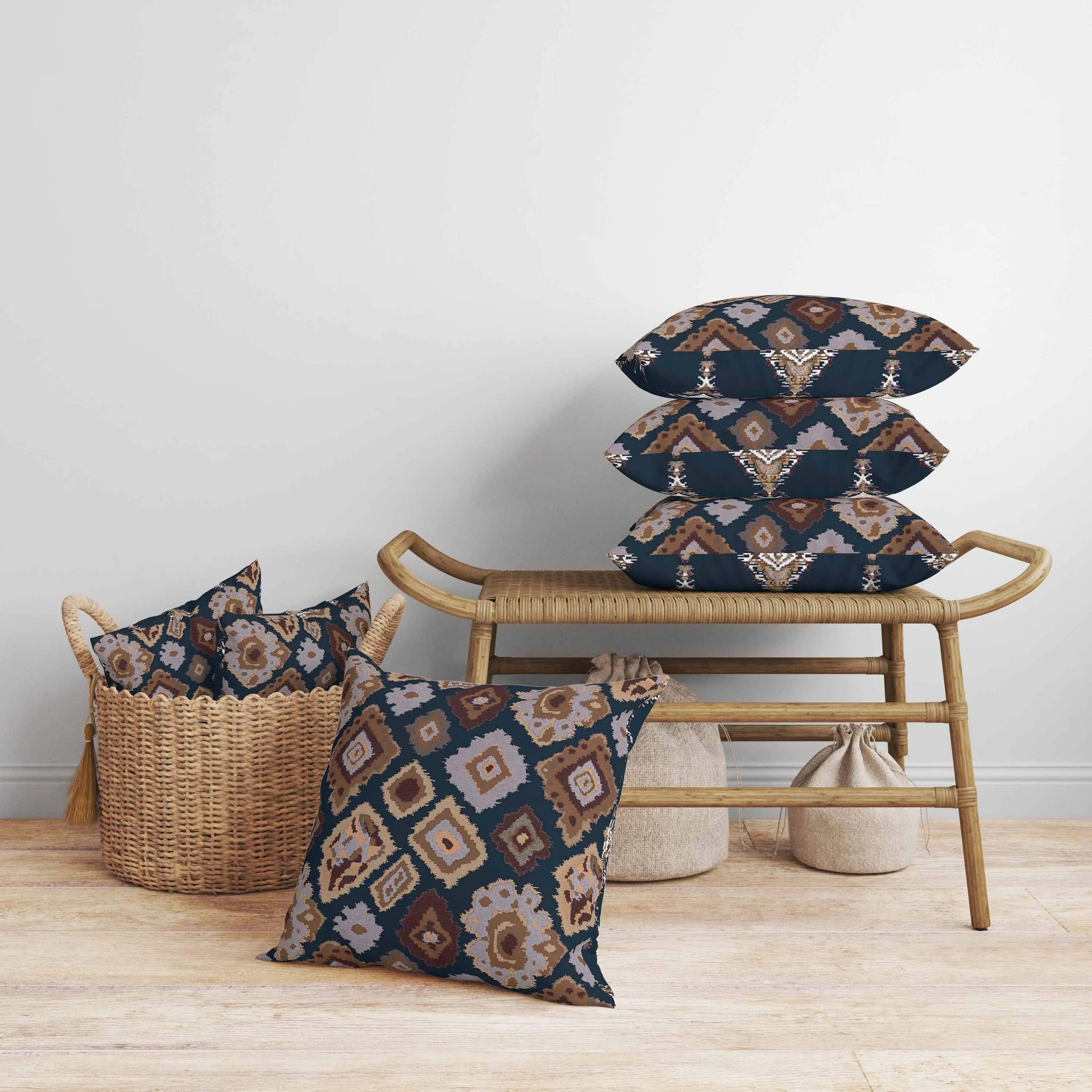 Ikat Diamond Faux Suede Reversible Throw Pillow Blue and Brown