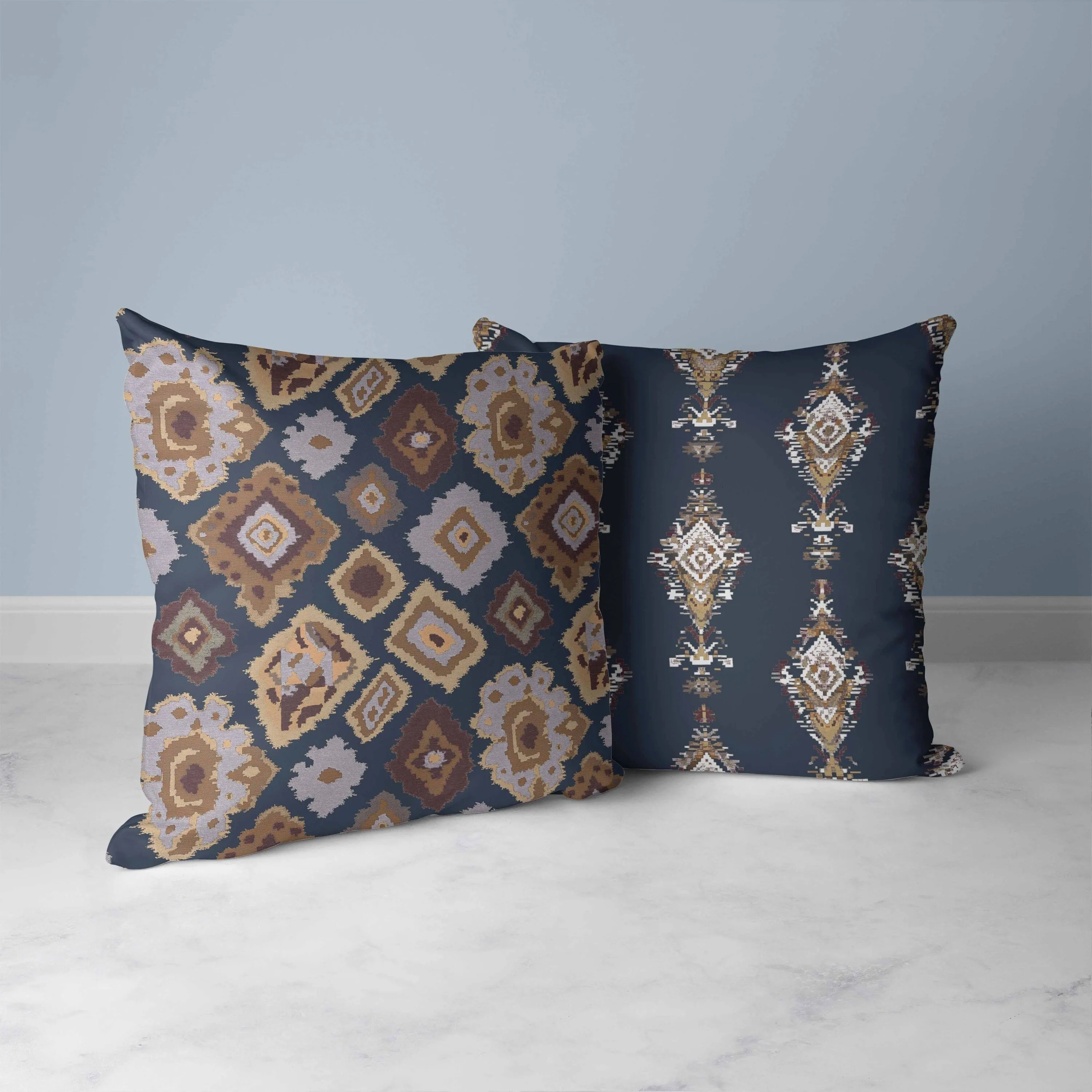 Ikat Diamond Faux Suede Reversible Throw Pillow Blue and Brown