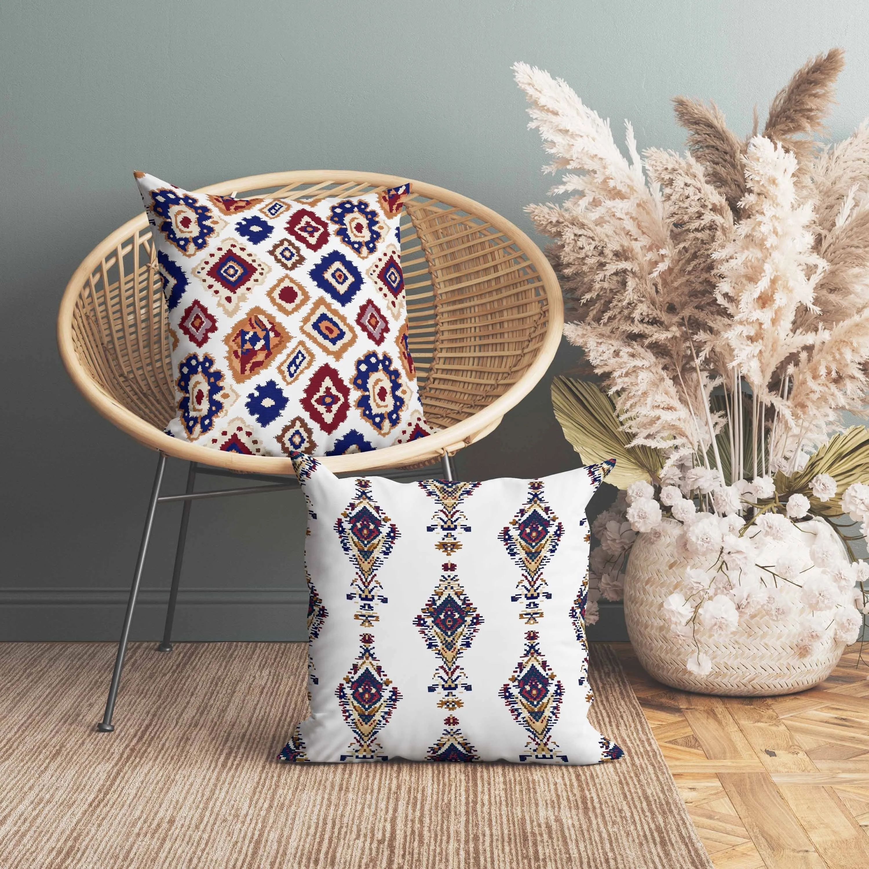 Ikat Diamond Faux Suede Reversible Throw Pillow White and Blue