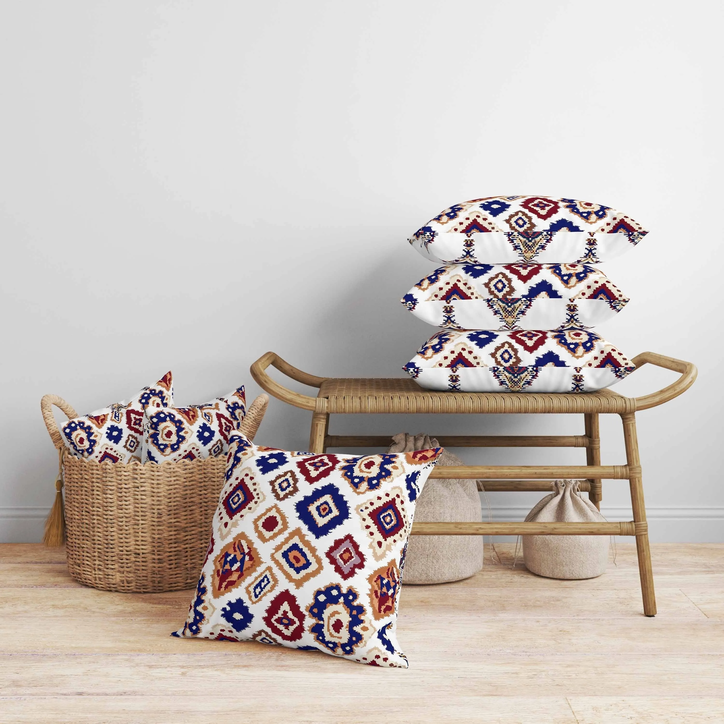 Ikat Diamond Faux Suede Reversible Throw Pillow White and Blue