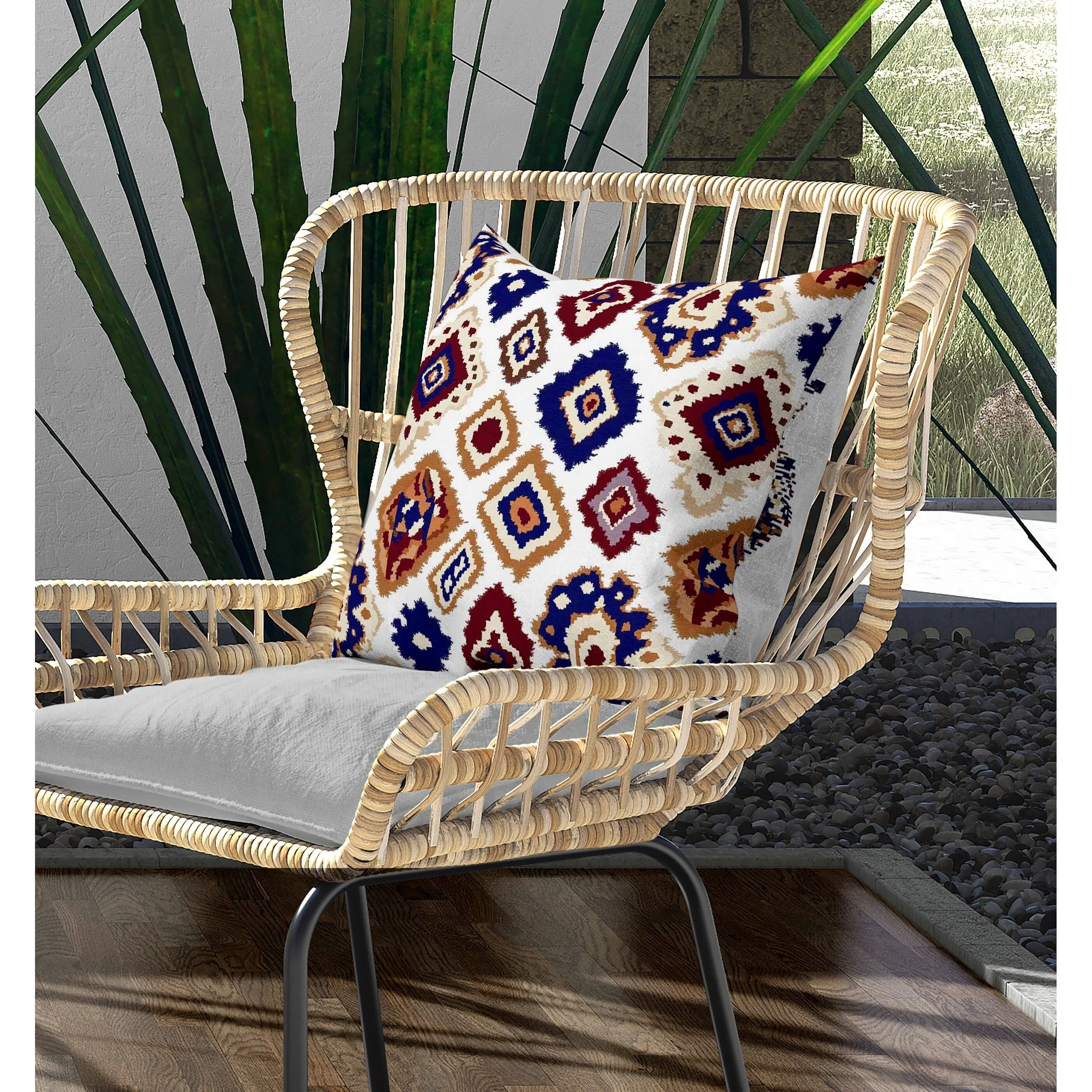 Ikat Diamond Indoor/Outdoor Reversible Throw Pillow White and Blue
