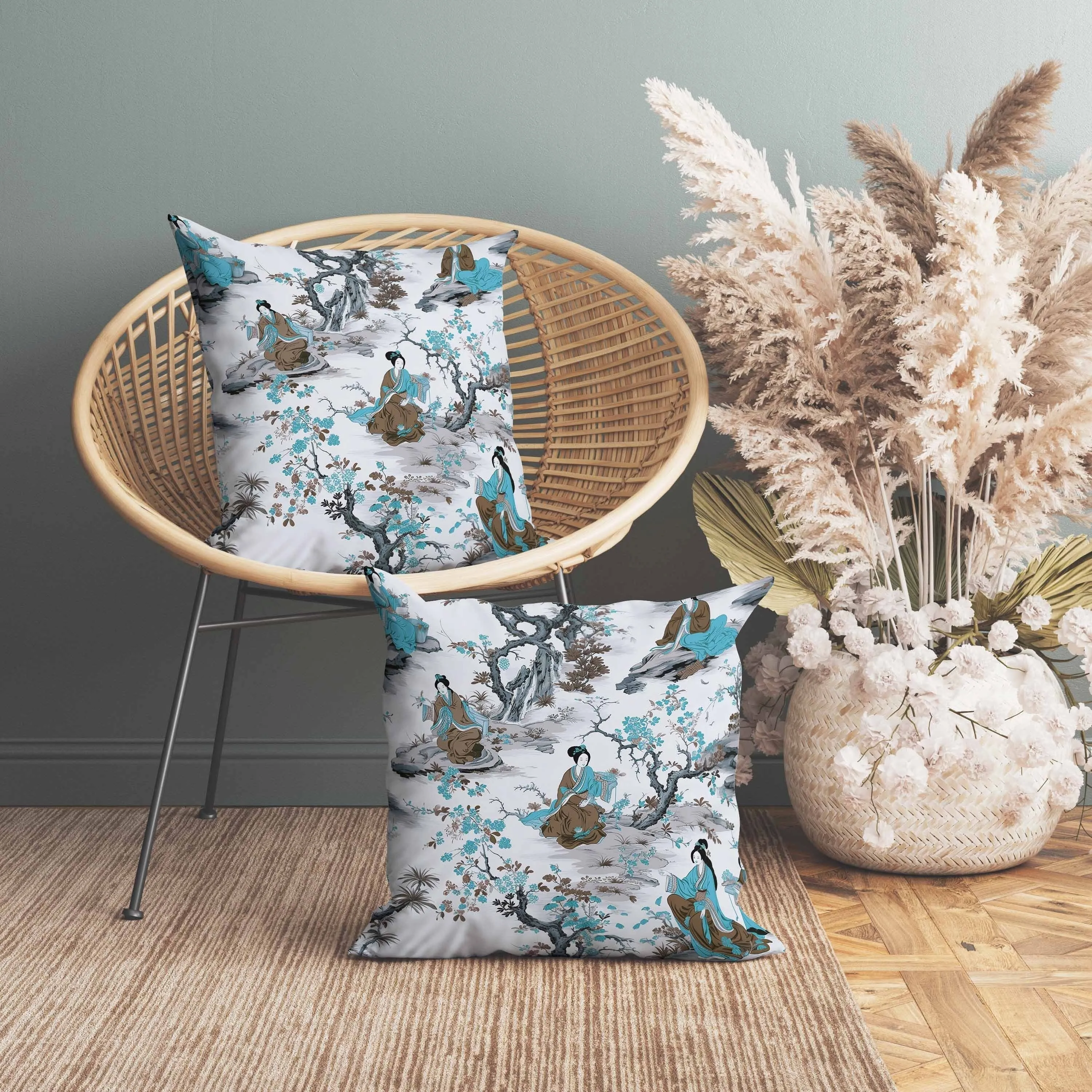 Imperial Palace Garden Faux Suede Reversible Throw Pillow Grey and Turquoise