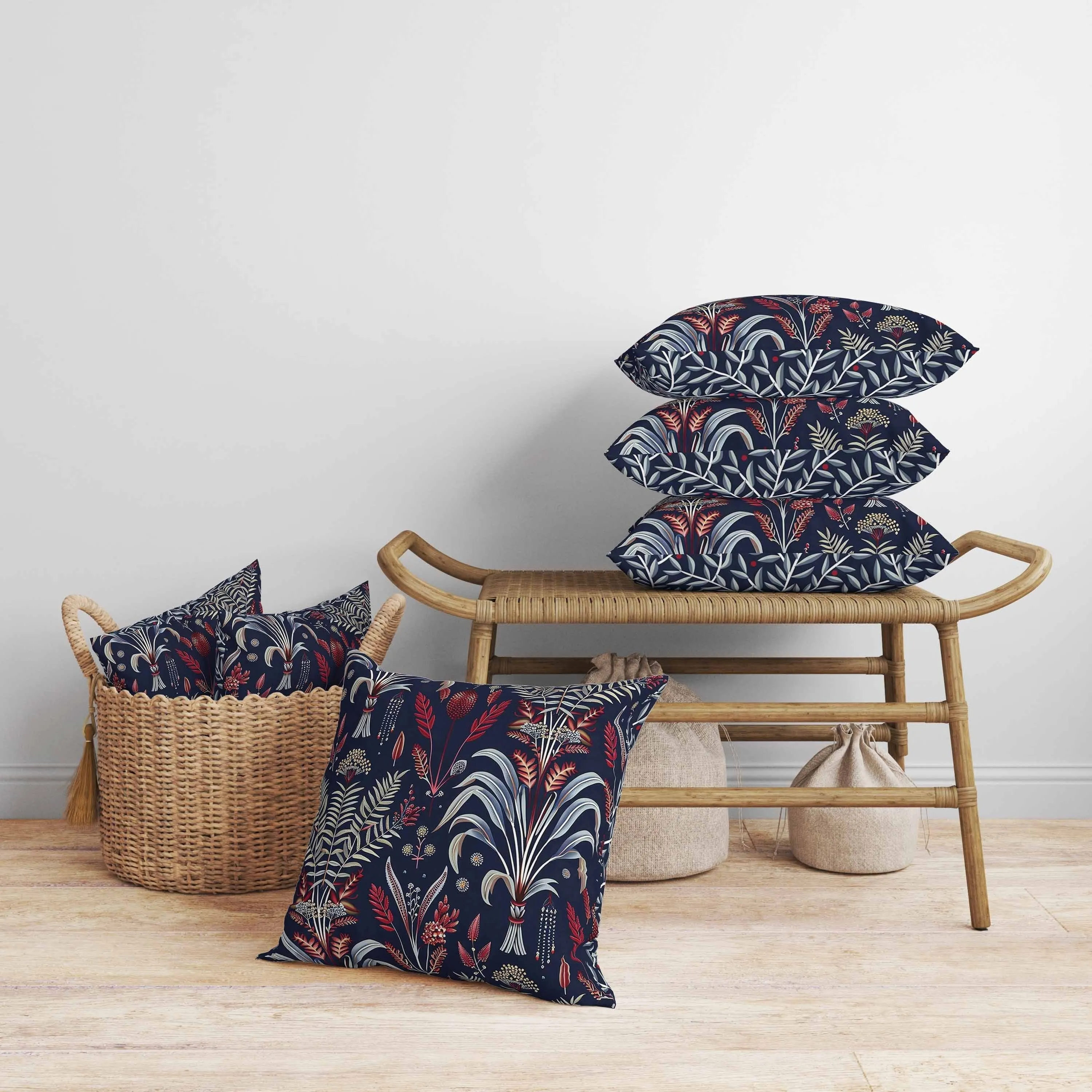 Indian Dabu Flora Faux Suede Reversible Throw Pillow Blue and Red