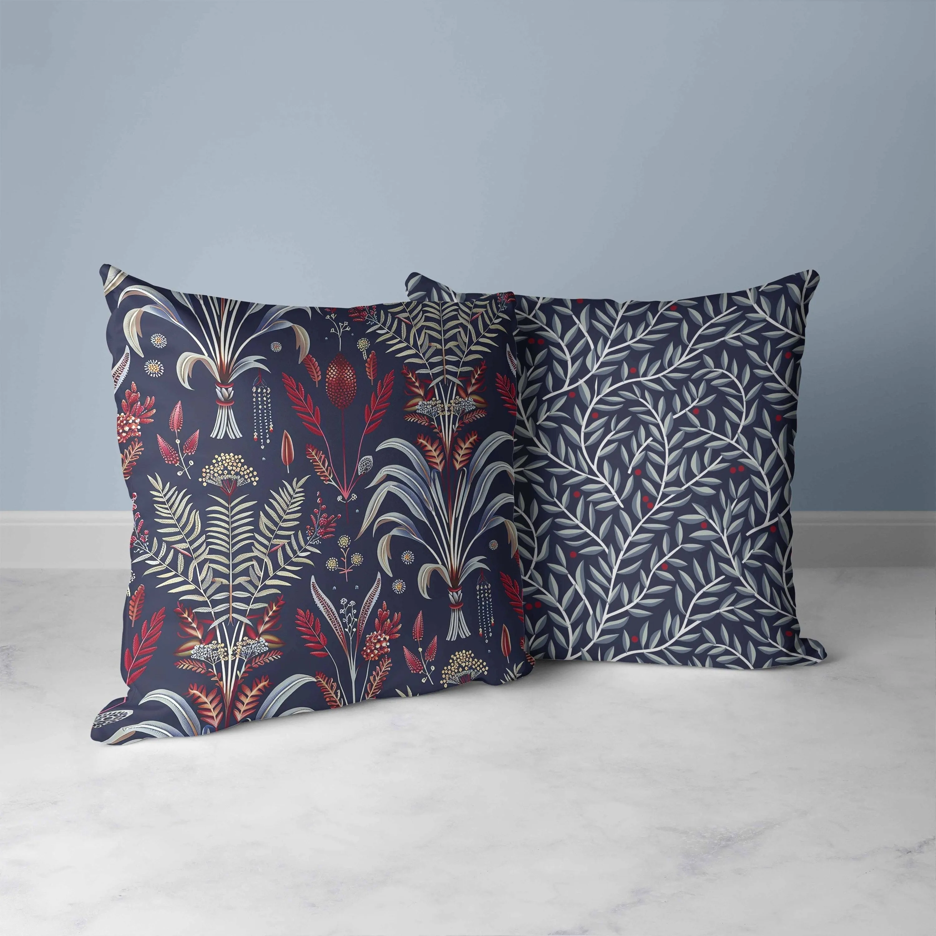 Indian Dabu Flora Faux Suede Reversible Throw Pillow Blue and Red
