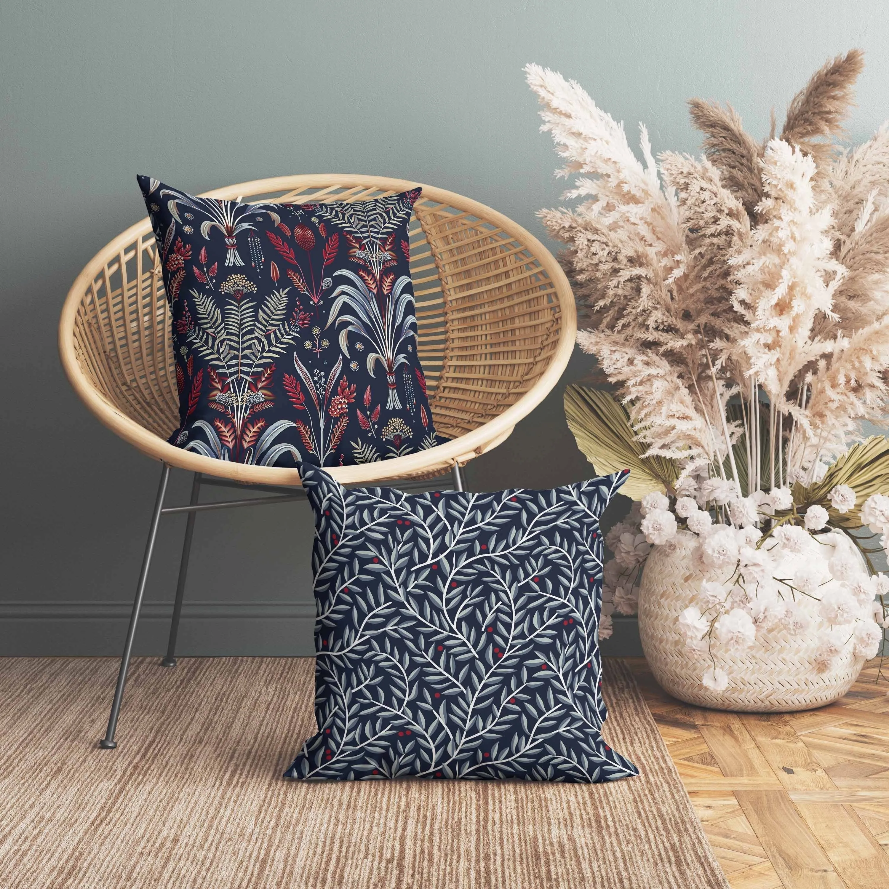Indian Dabu Flora Faux Suede Reversible Throw Pillow Blue and Red