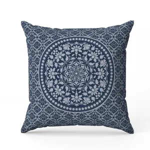 Intricate Circular Mandala Faux Suede Reversible Throw Pillow Blue and White