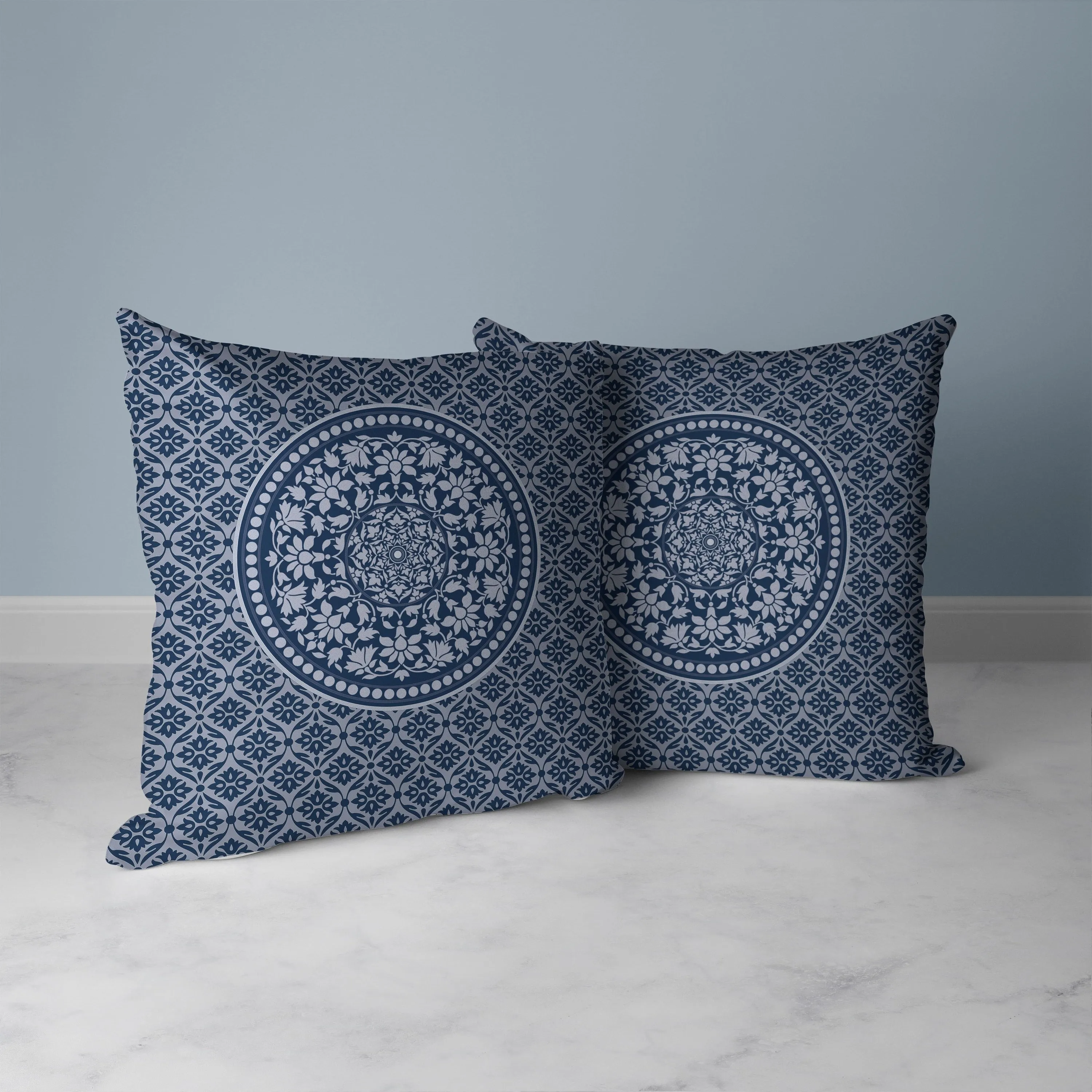 Intricate Circular Mandala Faux Suede Reversible Throw Pillow Blue and White