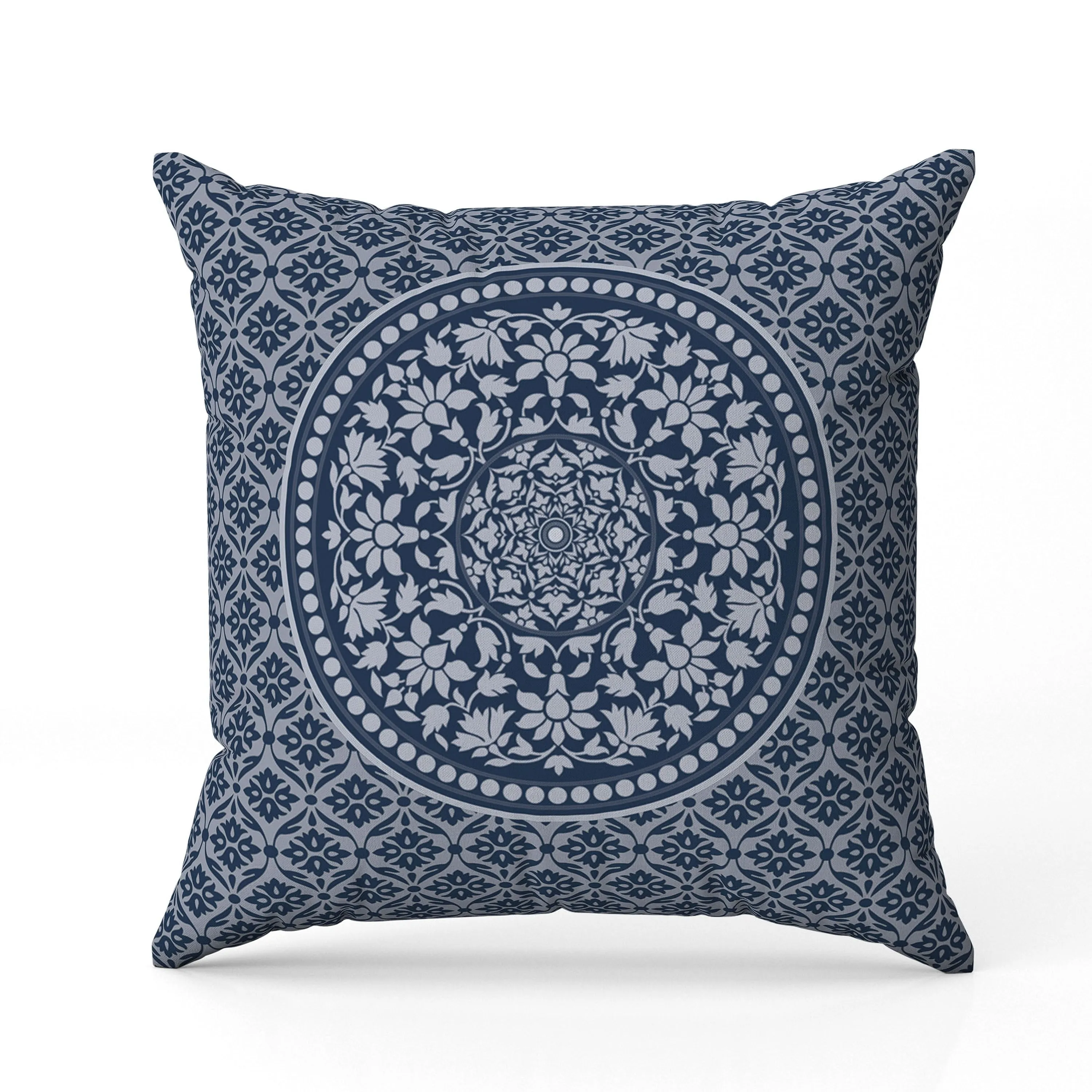 Intricate Circular Mandala Faux Suede Reversible Throw Pillow Blue and White