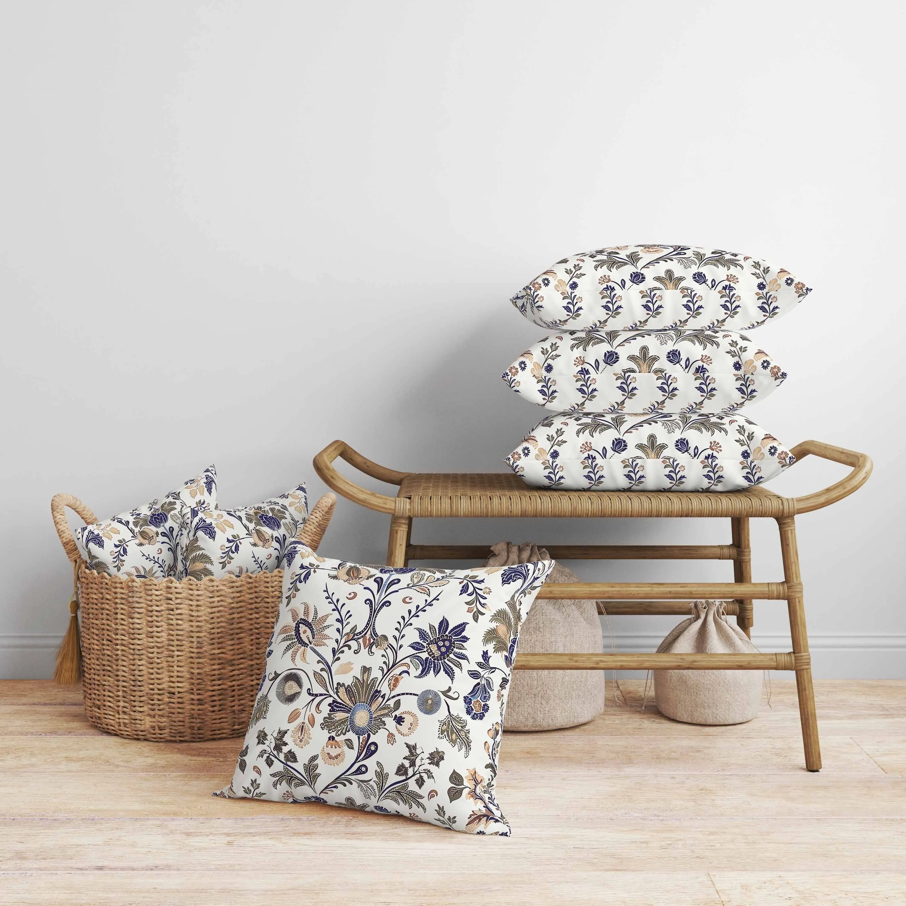 Jewel Toned Florals Faux Suede Reversible Throw Pillow Blue and Green