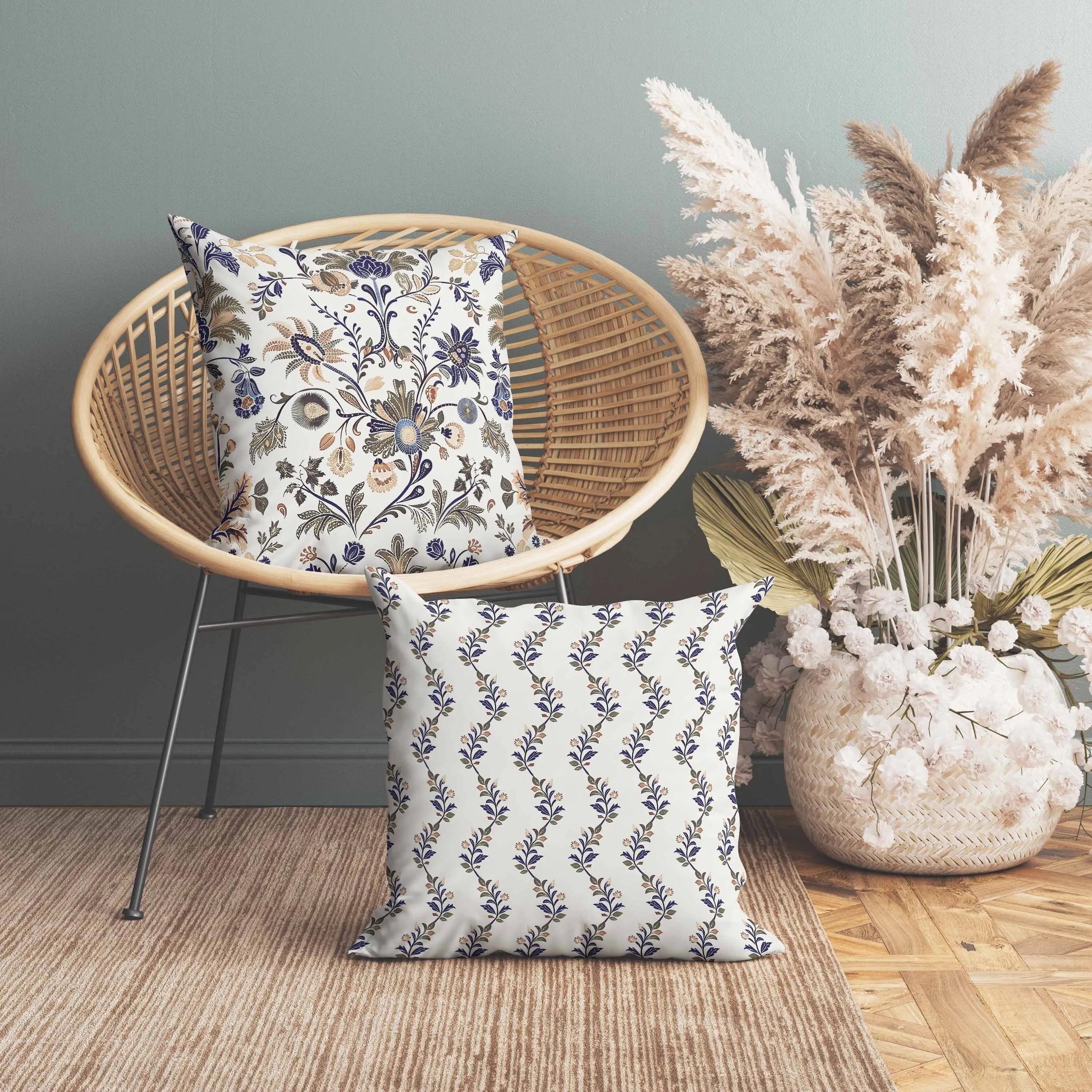 Jewel Toned Florals Faux Suede Reversible Throw Pillow Blue and Green