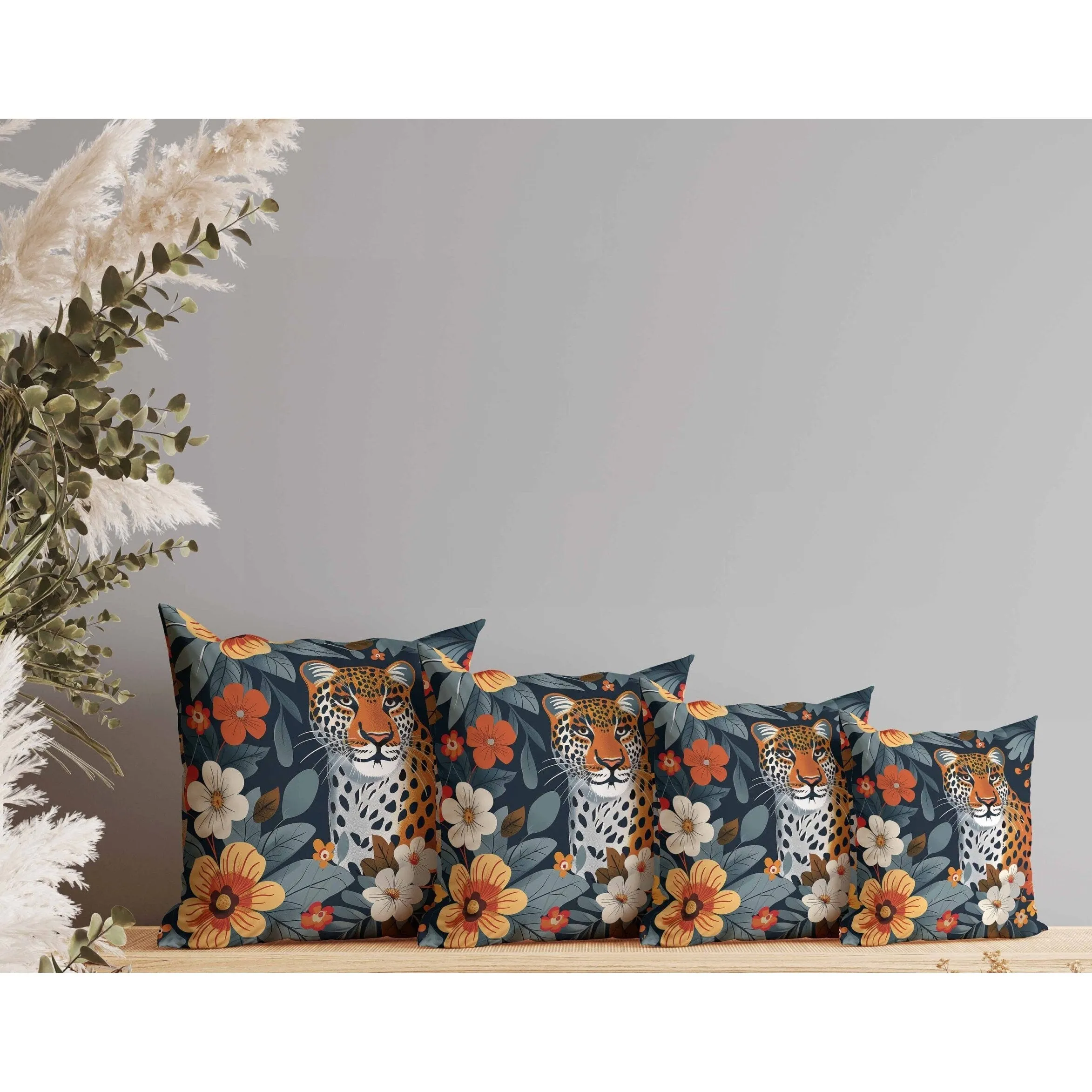 Jungle Cat Faux Suede Reversible Throw Pillow Blue and Orange