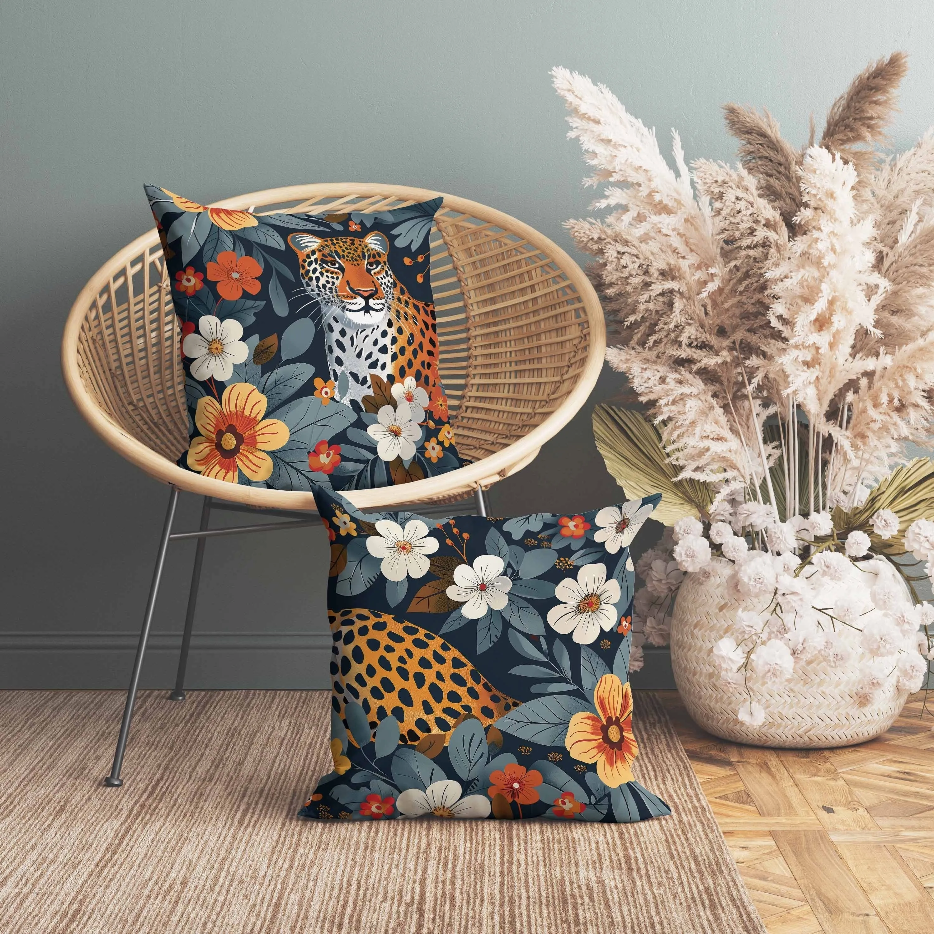 Jungle Cat Faux Suede Reversible Throw Pillow Blue and Orange