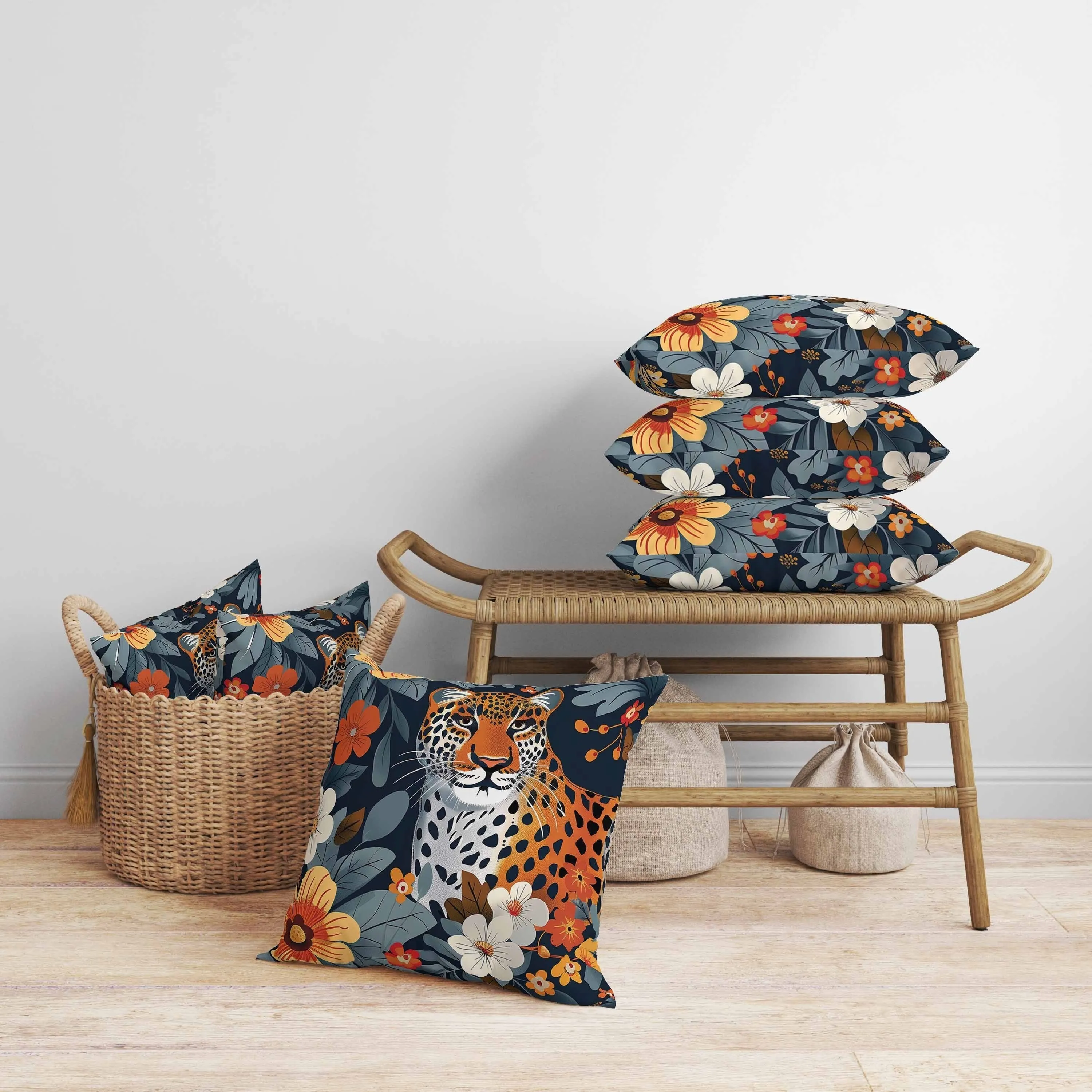 Jungle Cat Faux Suede Reversible Throw Pillow Blue and Orange