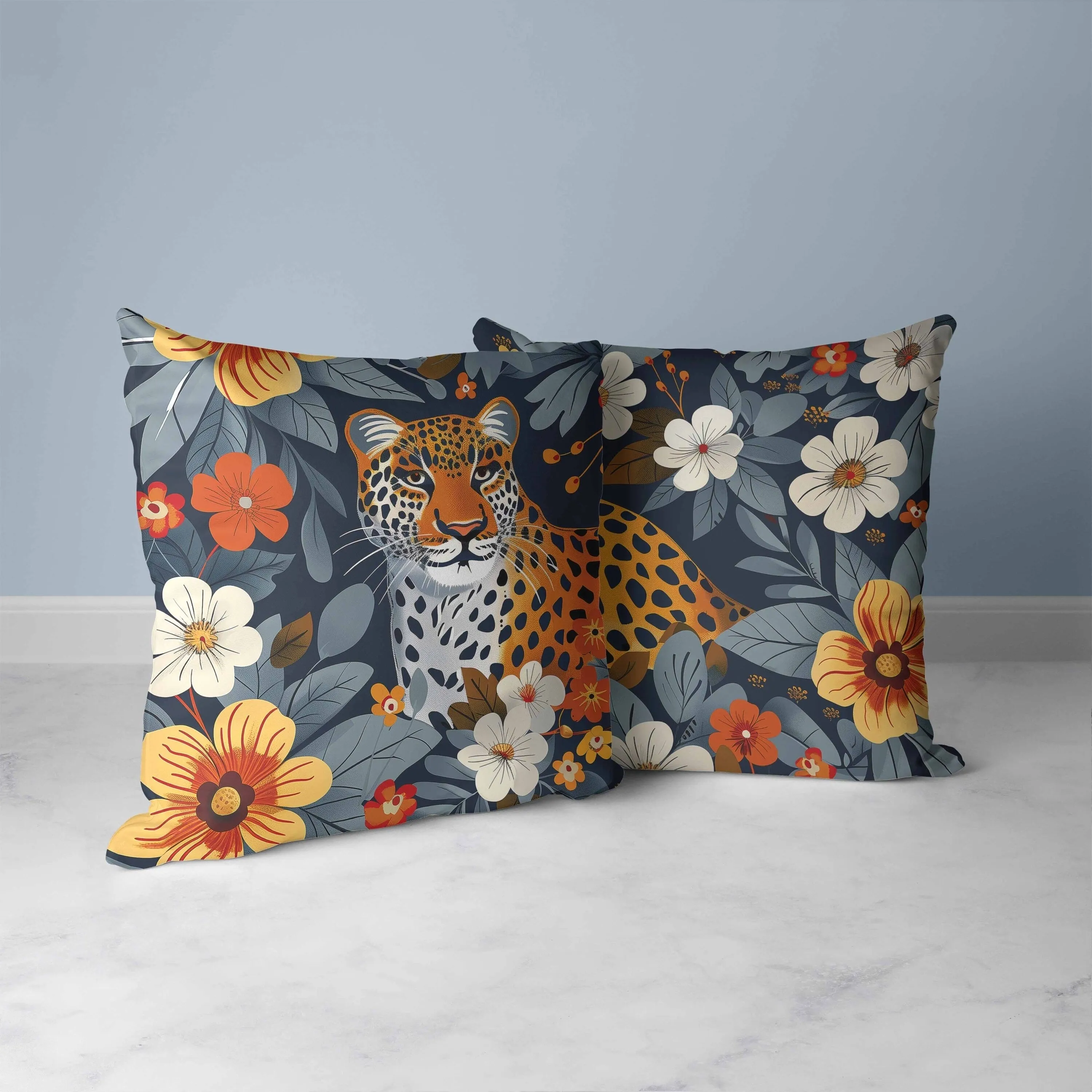 Jungle Cat Faux Suede Reversible Throw Pillow Blue and Orange