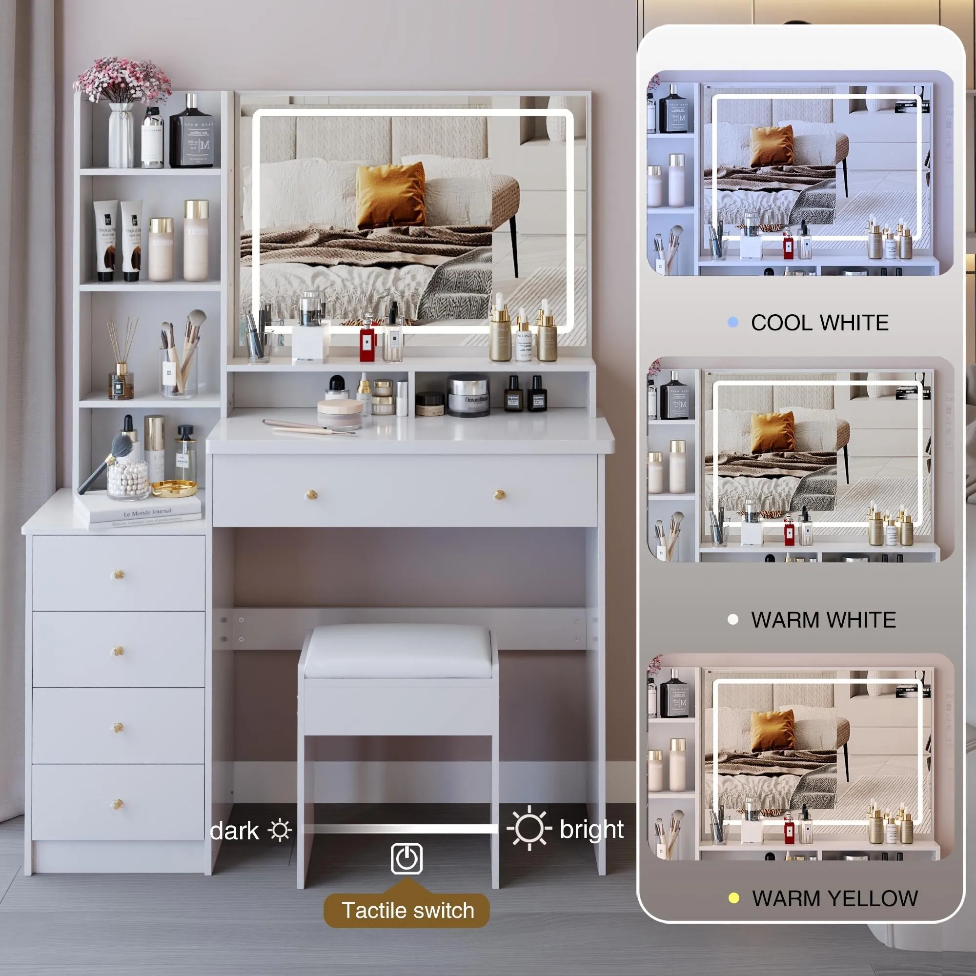 Large Size Left Bedside Cabinet Vanity Table Cushioned Stool.Large Touch Control LED Mirror.3-color Switch.Multi Layer