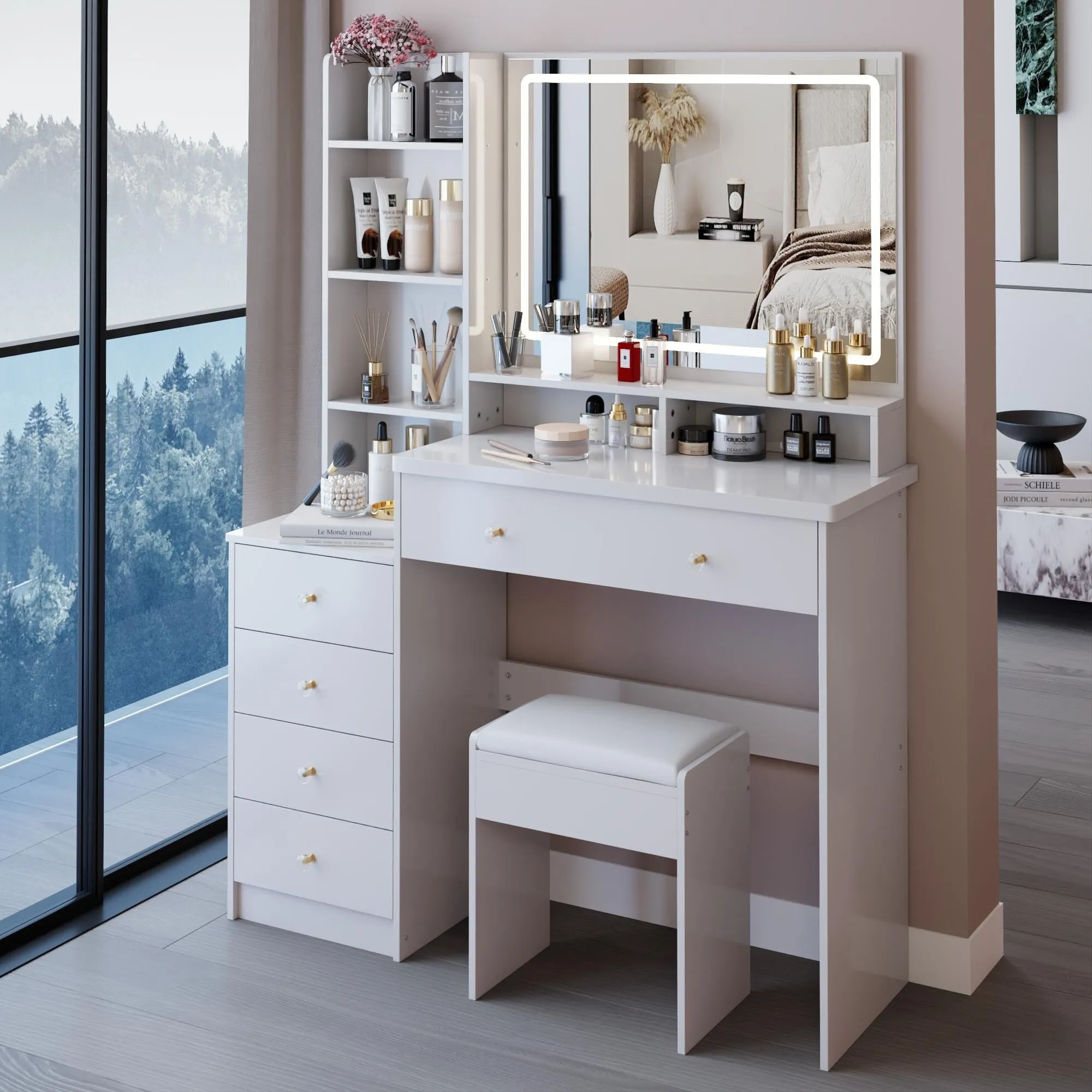 Large Size Left Bedside Cabinet Vanity Table Cushioned Stool.Large Touch Control LED Mirror.3-color Switch.Multi Layer