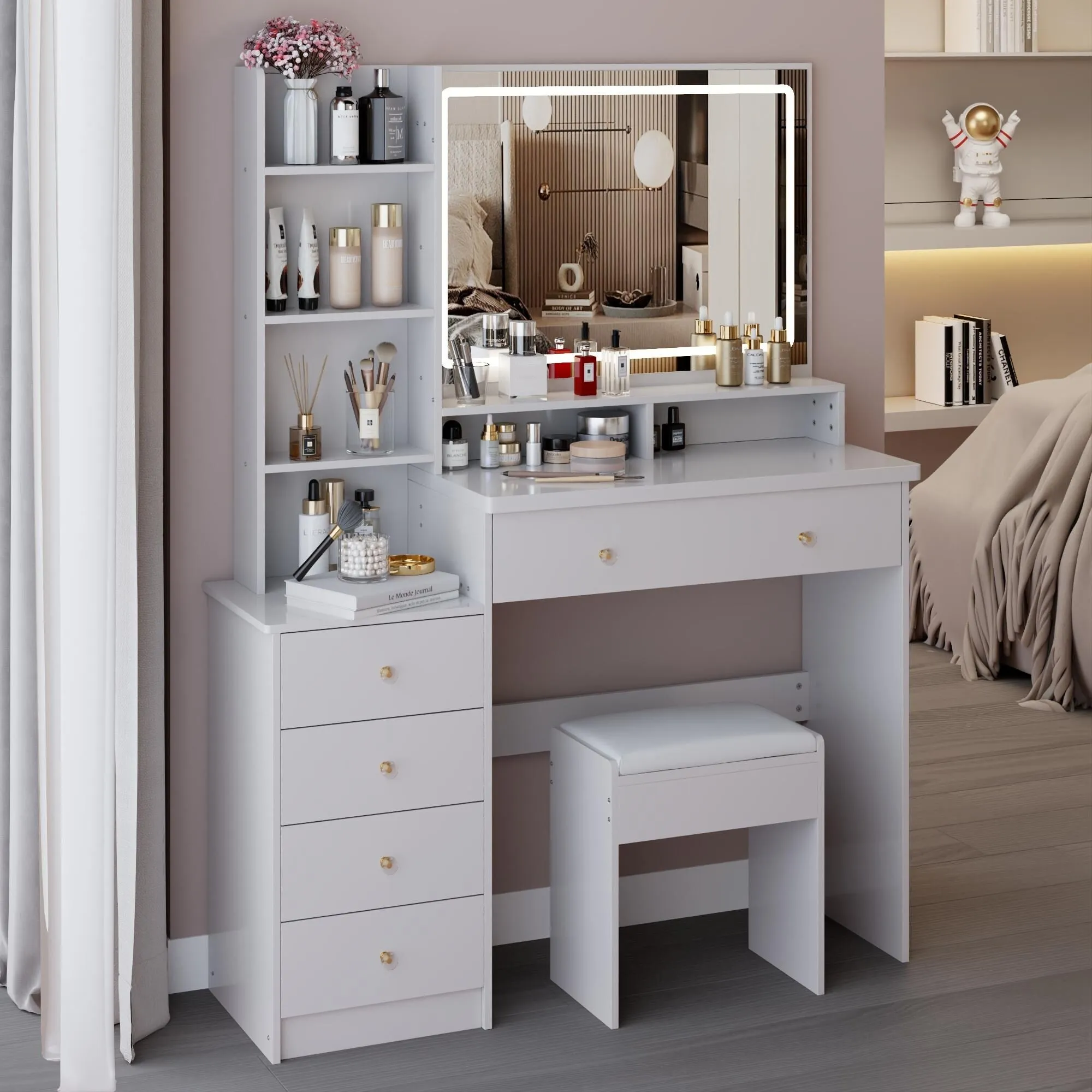 Large Size Left Bedside Cabinet Vanity Table Cushioned Stool.Large Touch Control LED Mirror.3-color Switch.Multi Layer