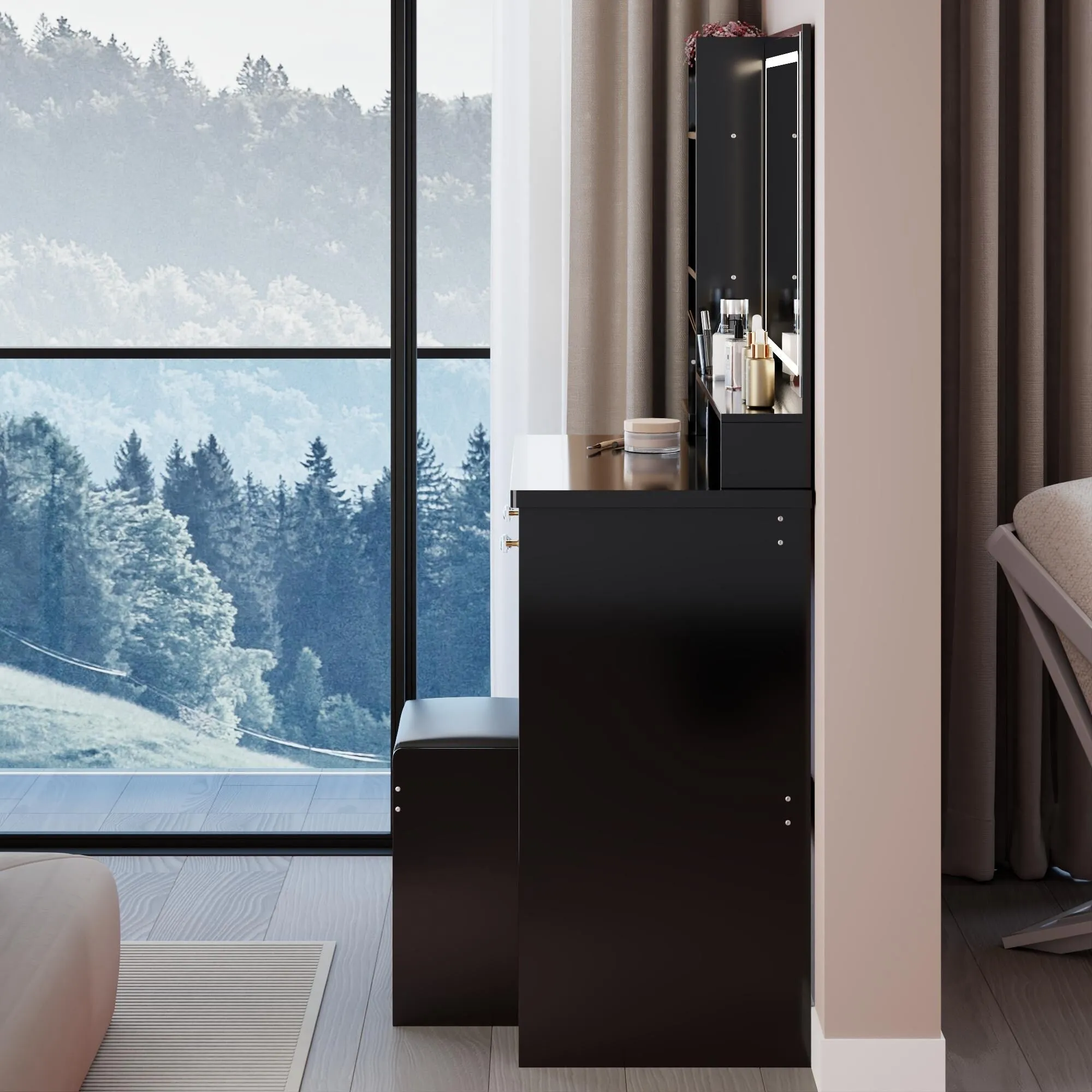 Large Size Left Bedside Cabinet Vanity Table Cushioned Stool.Large Touch Control LED Mirror.3-color Switch.Multi Layer