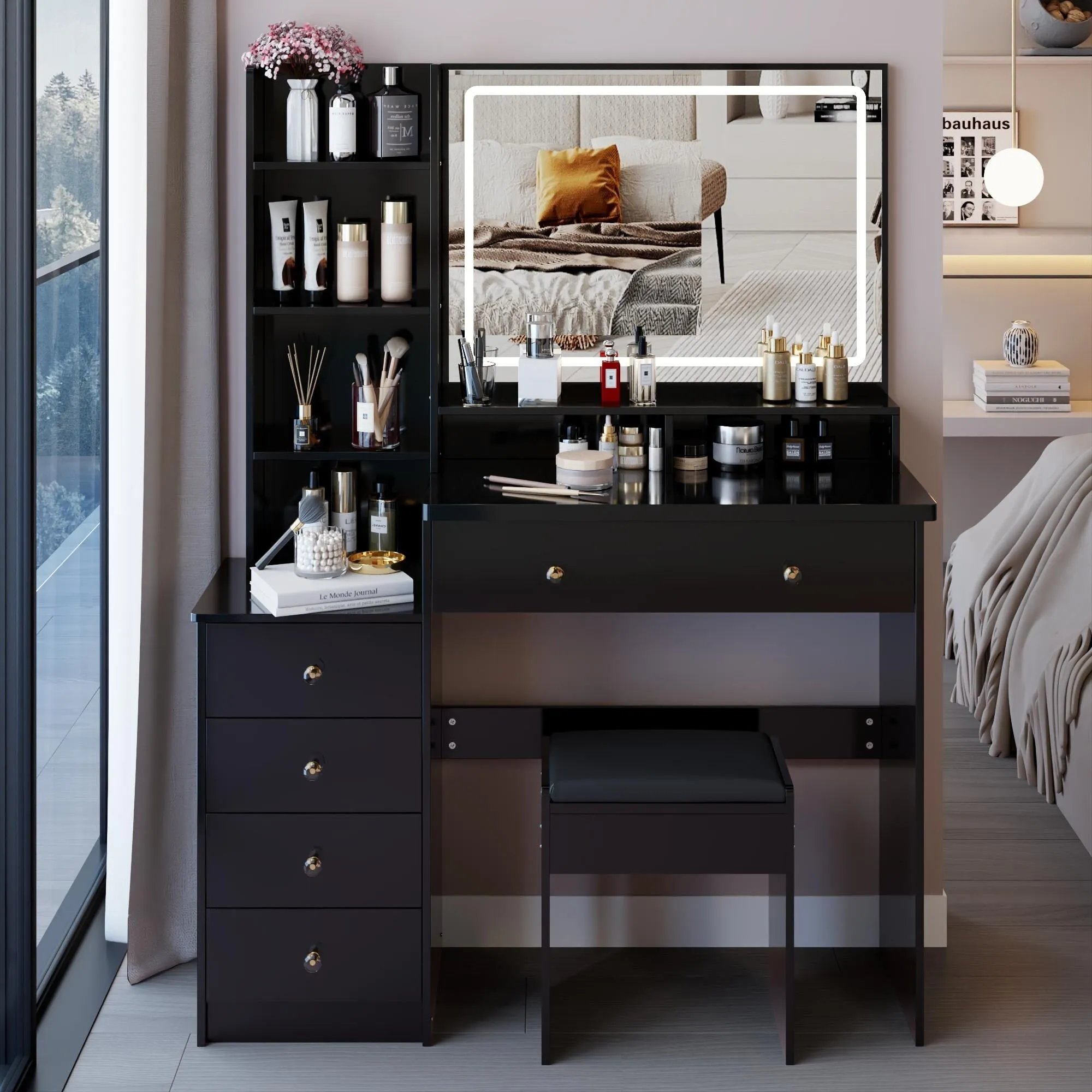 Large Size Left Bedside Cabinet Vanity Table Cushioned Stool.Large Touch Control LED Mirror.3-color Switch.Multi Layer