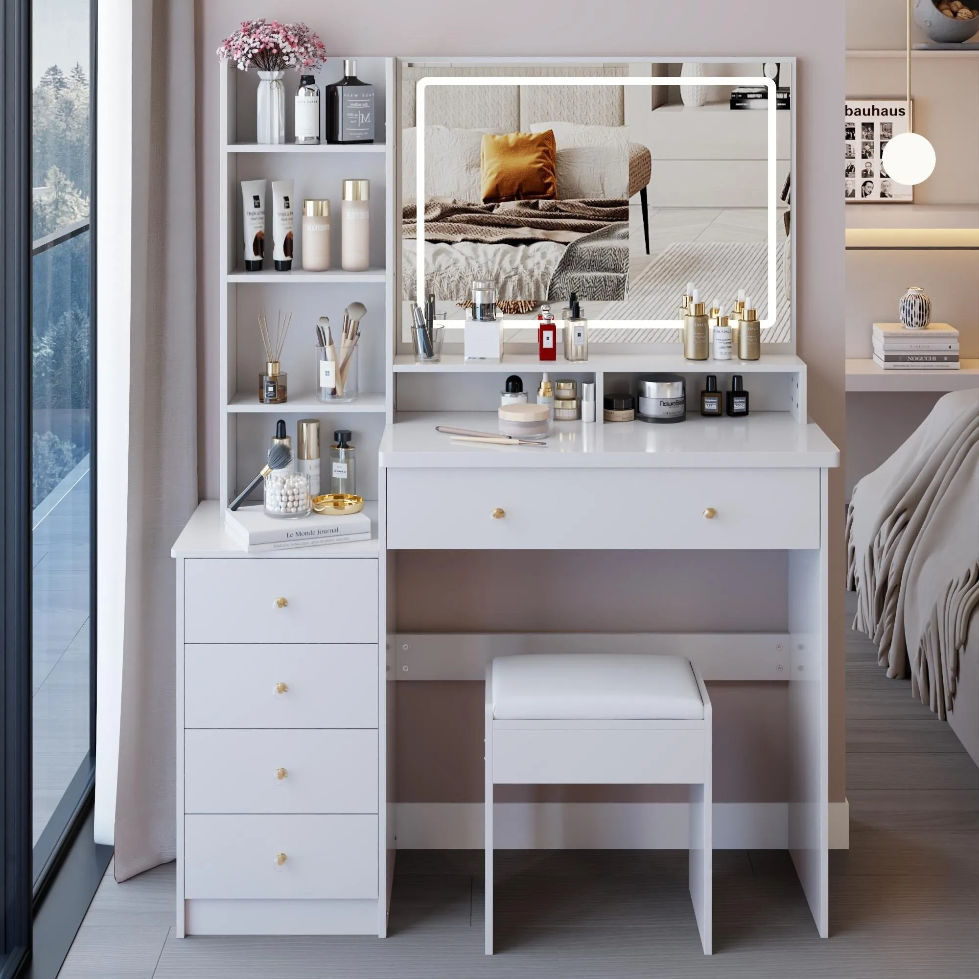 Large Size Left Bedside Cabinet Vanity Table Cushioned Stool.Large Touch Control LED Mirror.3-color Switch.Multi Layer