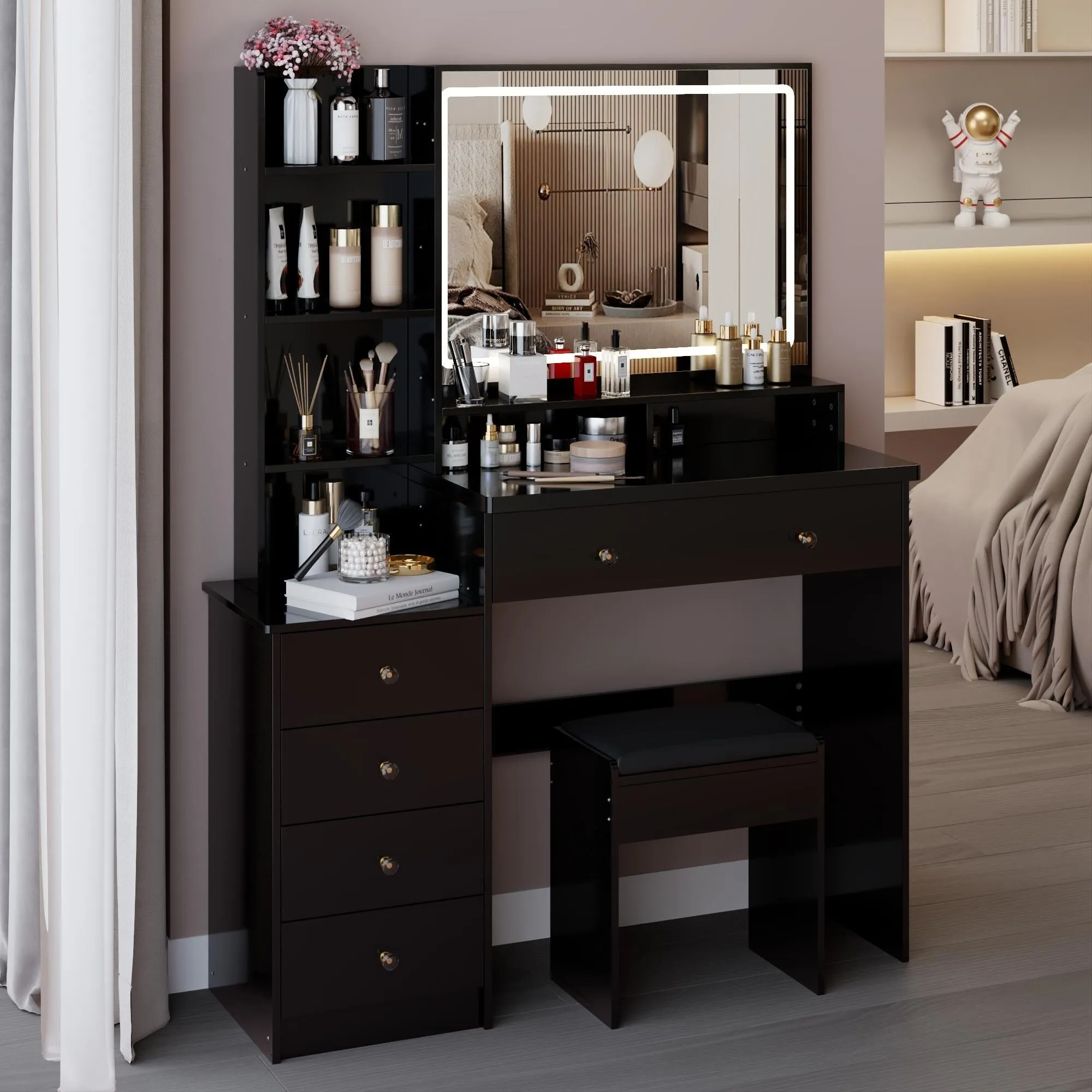 Large Size Left Bedside Cabinet Vanity Table Cushioned Stool.Large Touch Control LED Mirror.3-color Switch.Multi Layer