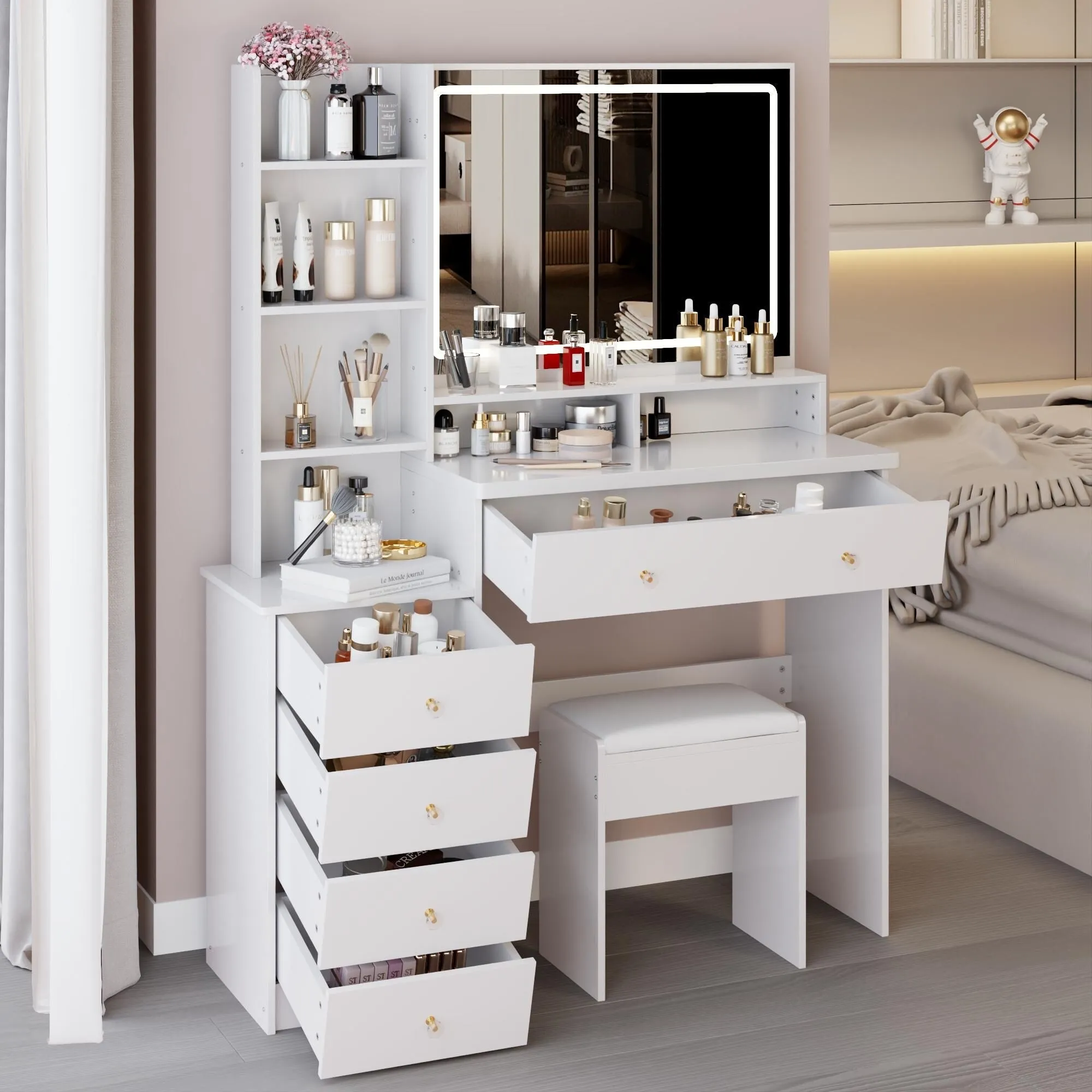 Large Size Left Bedside Cabinet Vanity Table Cushioned Stool.Large Touch Control LED Mirror.3-color Switch.Multi Layer
