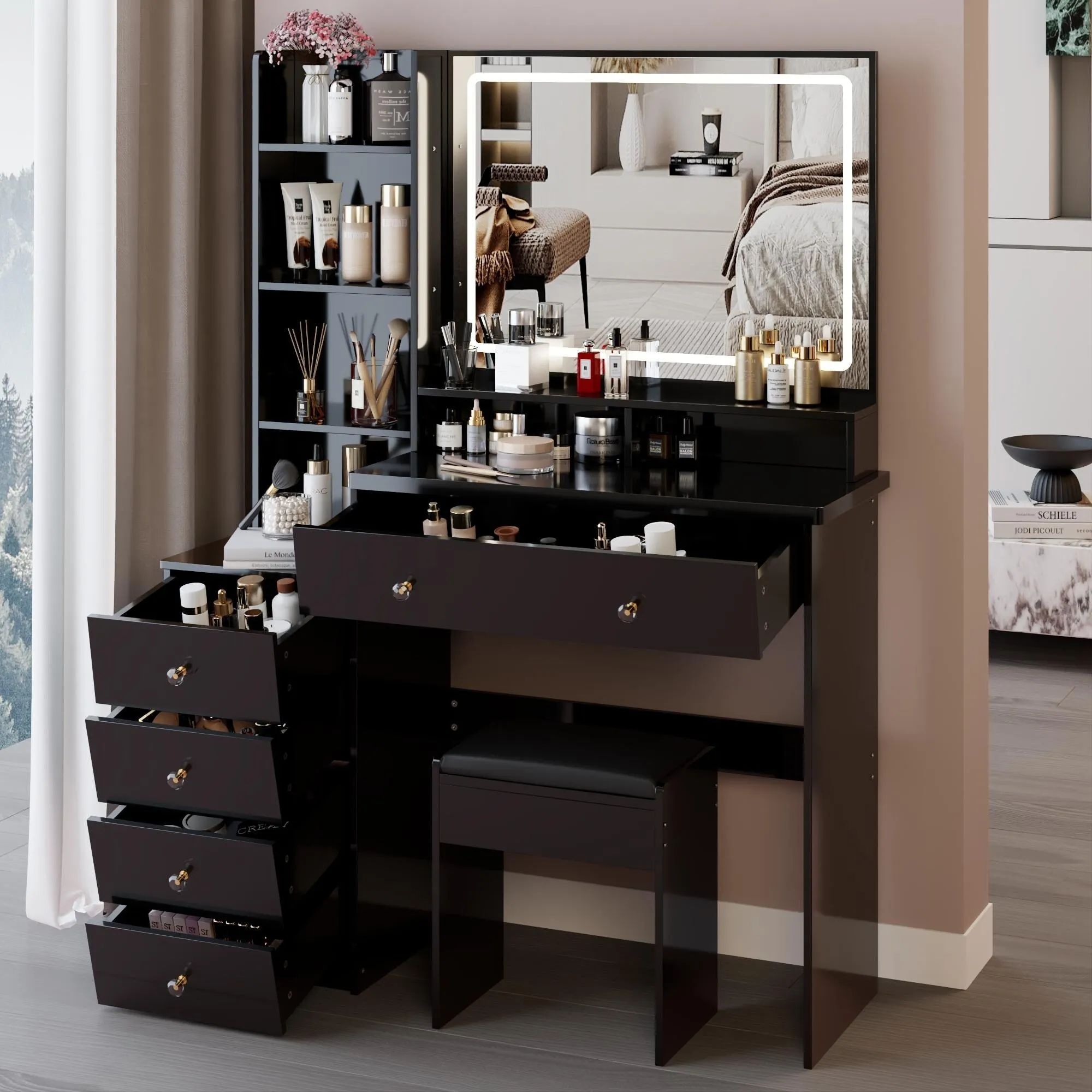 Large Size Left Bedside Cabinet Vanity Table Cushioned Stool.Large Touch Control LED Mirror.3-color Switch.Multi Layer