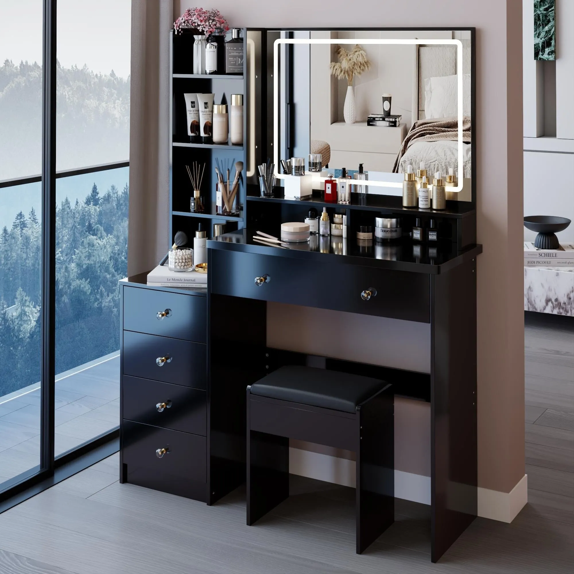 Large Size Left Bedside Cabinet Vanity Table Cushioned Stool.Large Touch Control LED Mirror.3-color Switch.Multi Layer